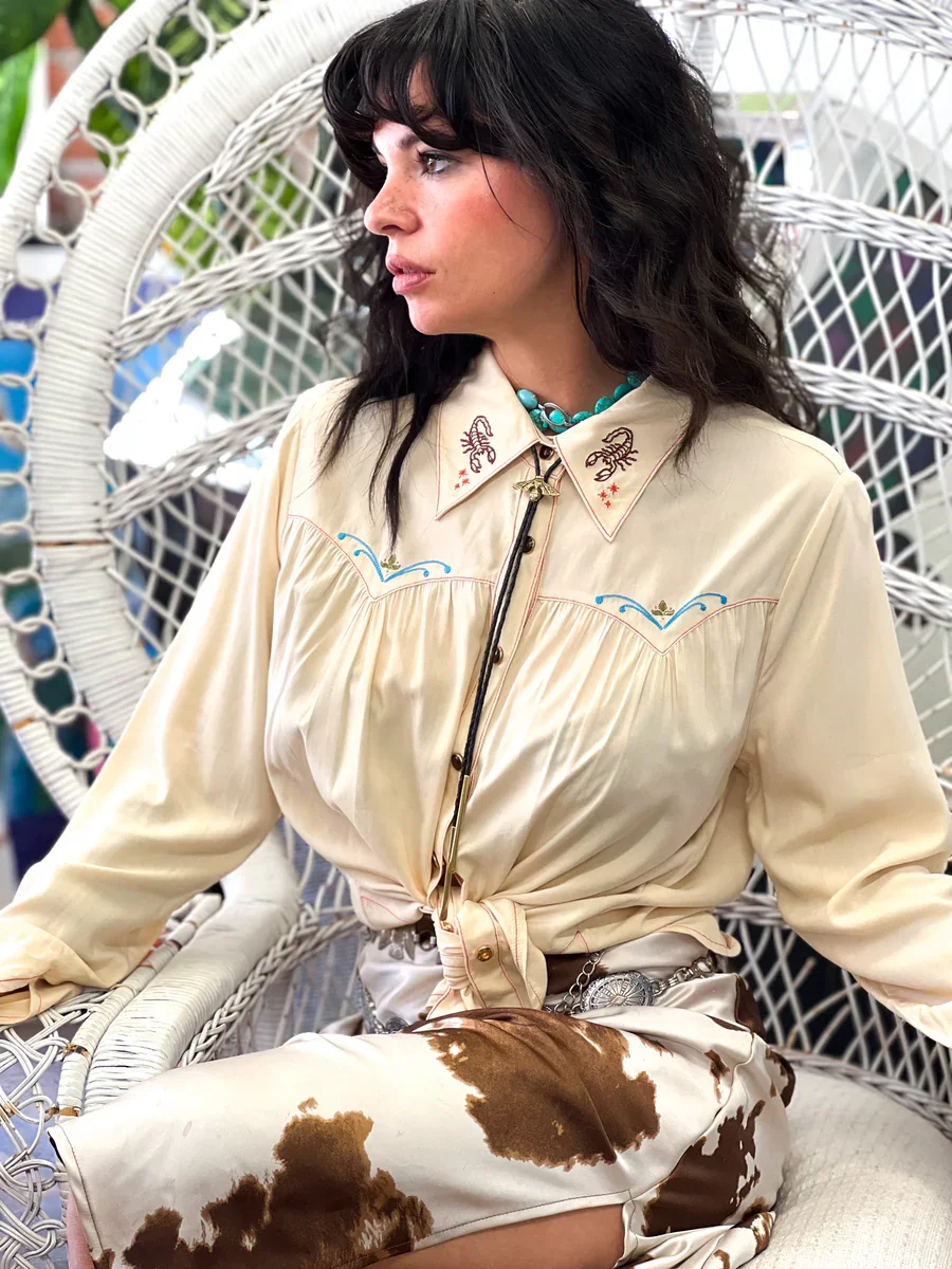 Cream Desperado Pearl Snap Embroidered Blouse
