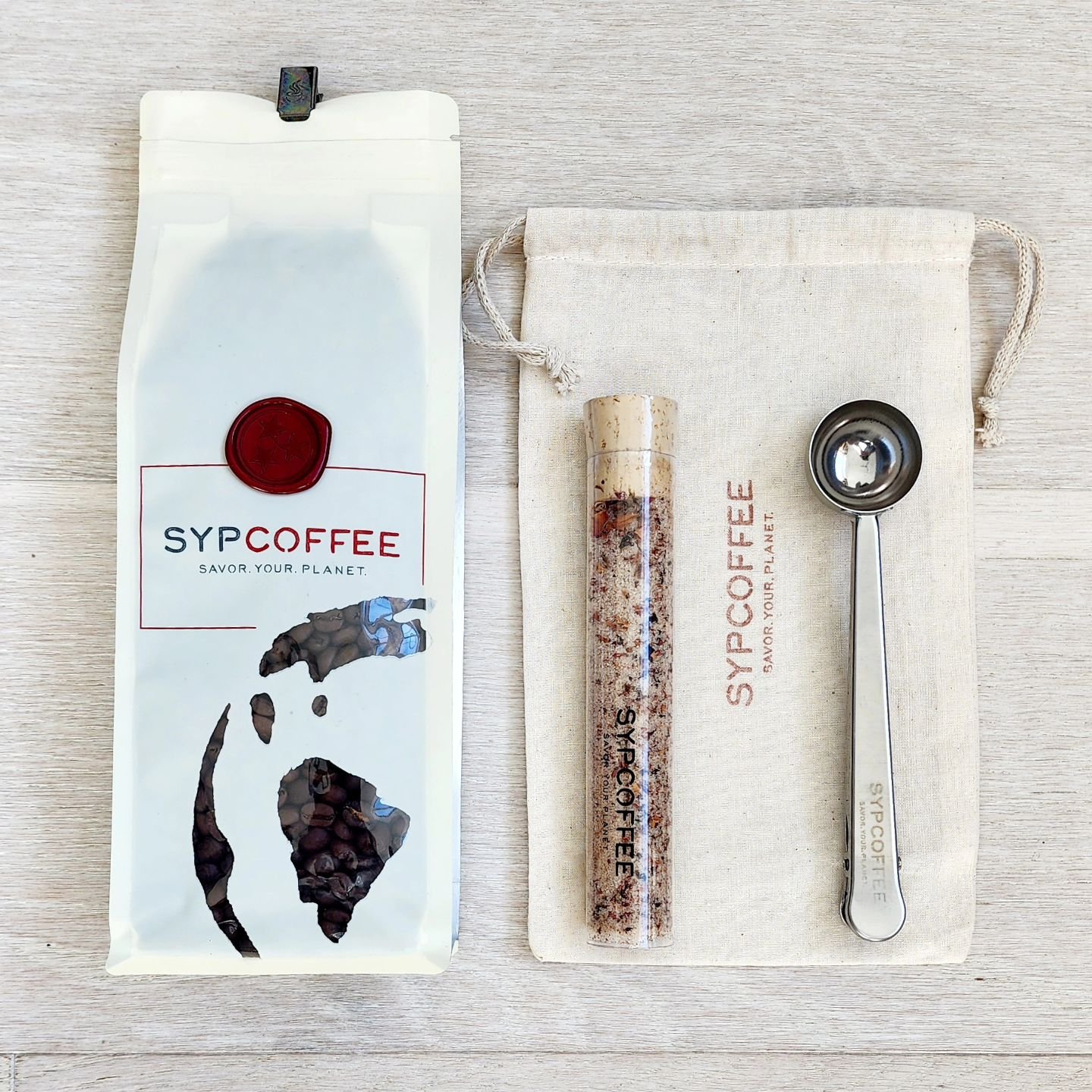SYP☕️ roasted just for them, uniquely paired SYPCOFFEE Sugar, 🍫 by Askinosie, signature scoop and your personal note packaged neatly in a drawstring canvas bag. It's the Perfect Little 🎁. So that's what we called it. The Perfect Little. New, from S