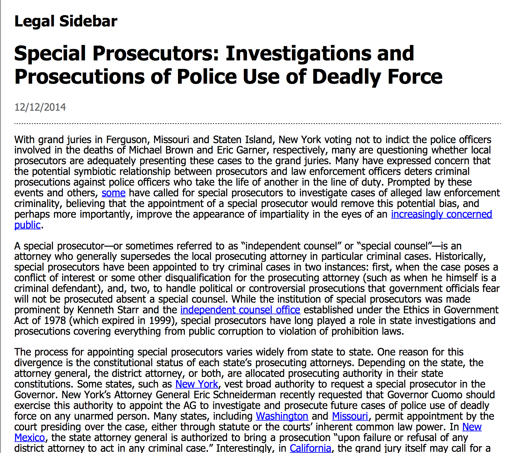 Legal considerations with special prosecutor and grand jury reforms