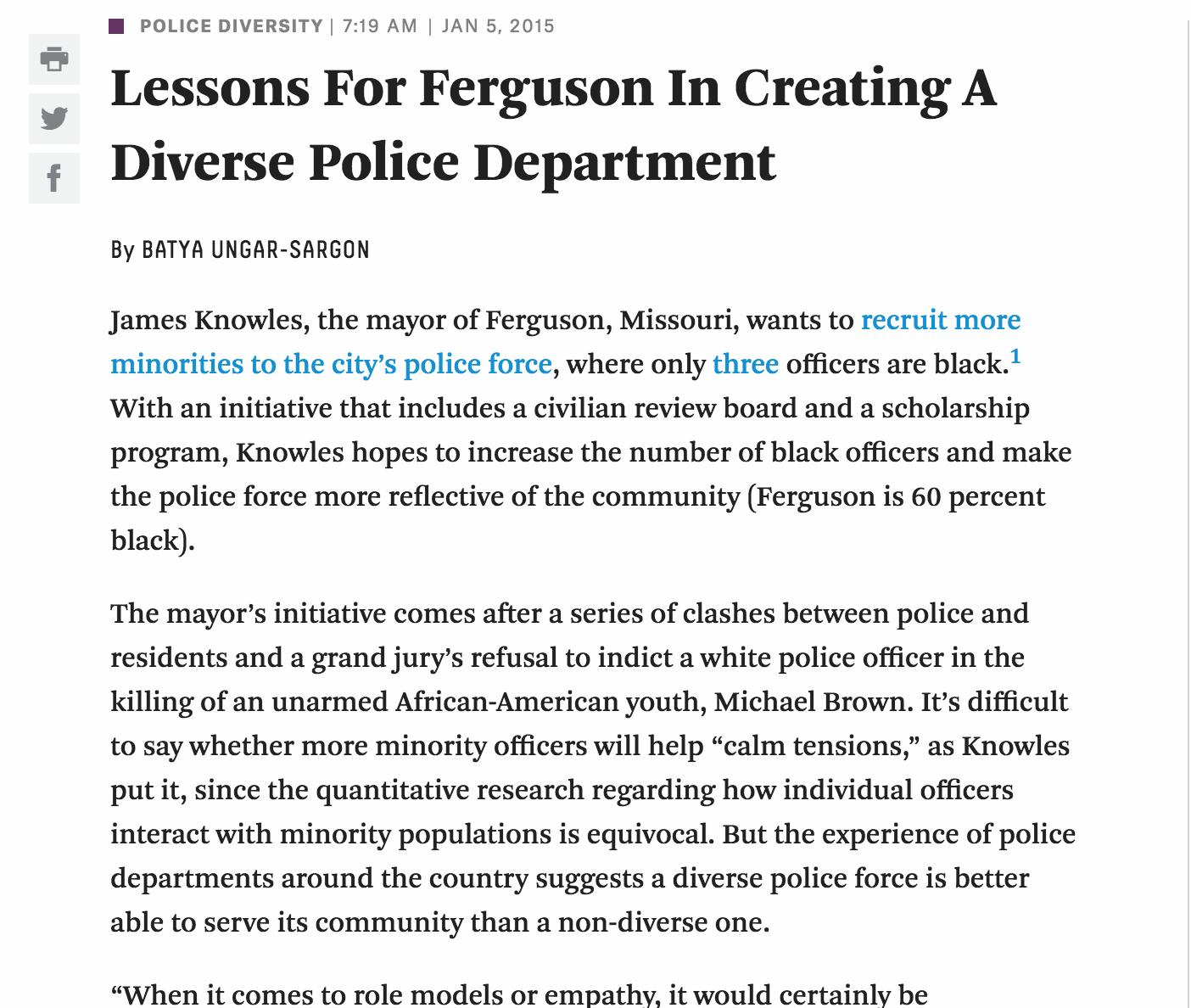 Data showing levels of racial diversity in U.S. police departments