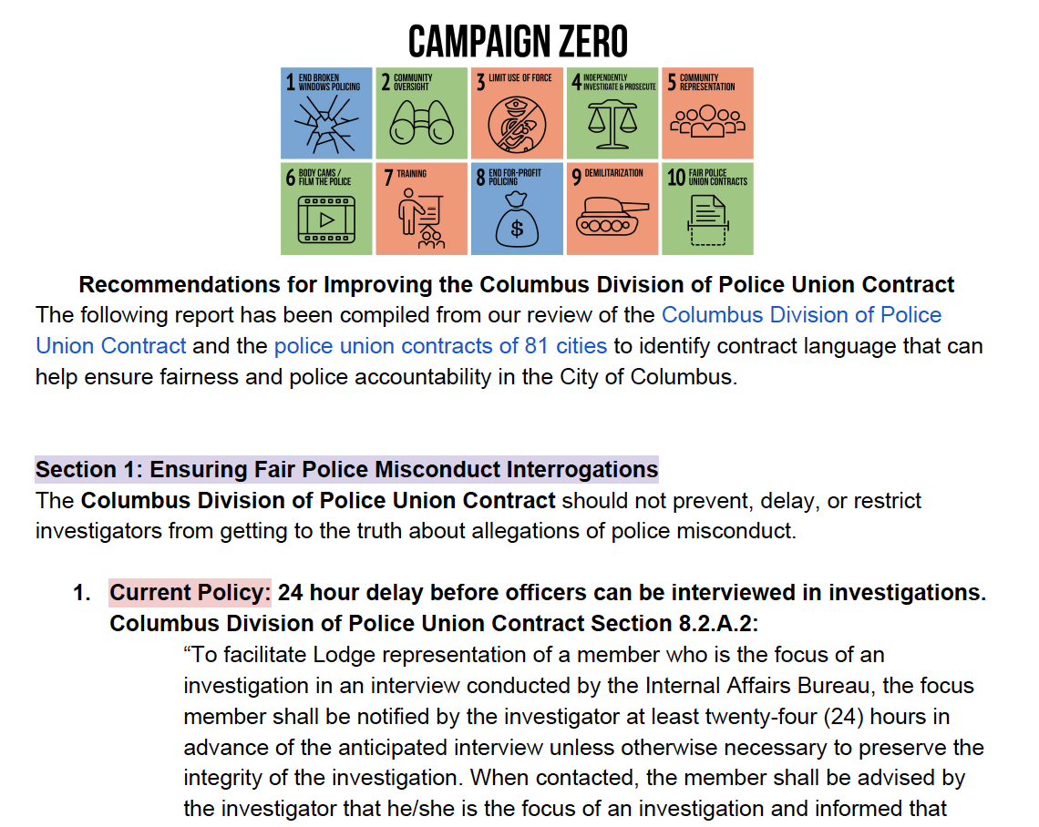 Campaign Zero Police Union Contract Recommendations for Columbus, OH