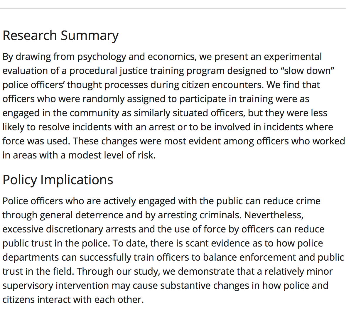 Experiment shows officers trained in Procedural Justice less likely to make arrests or use force