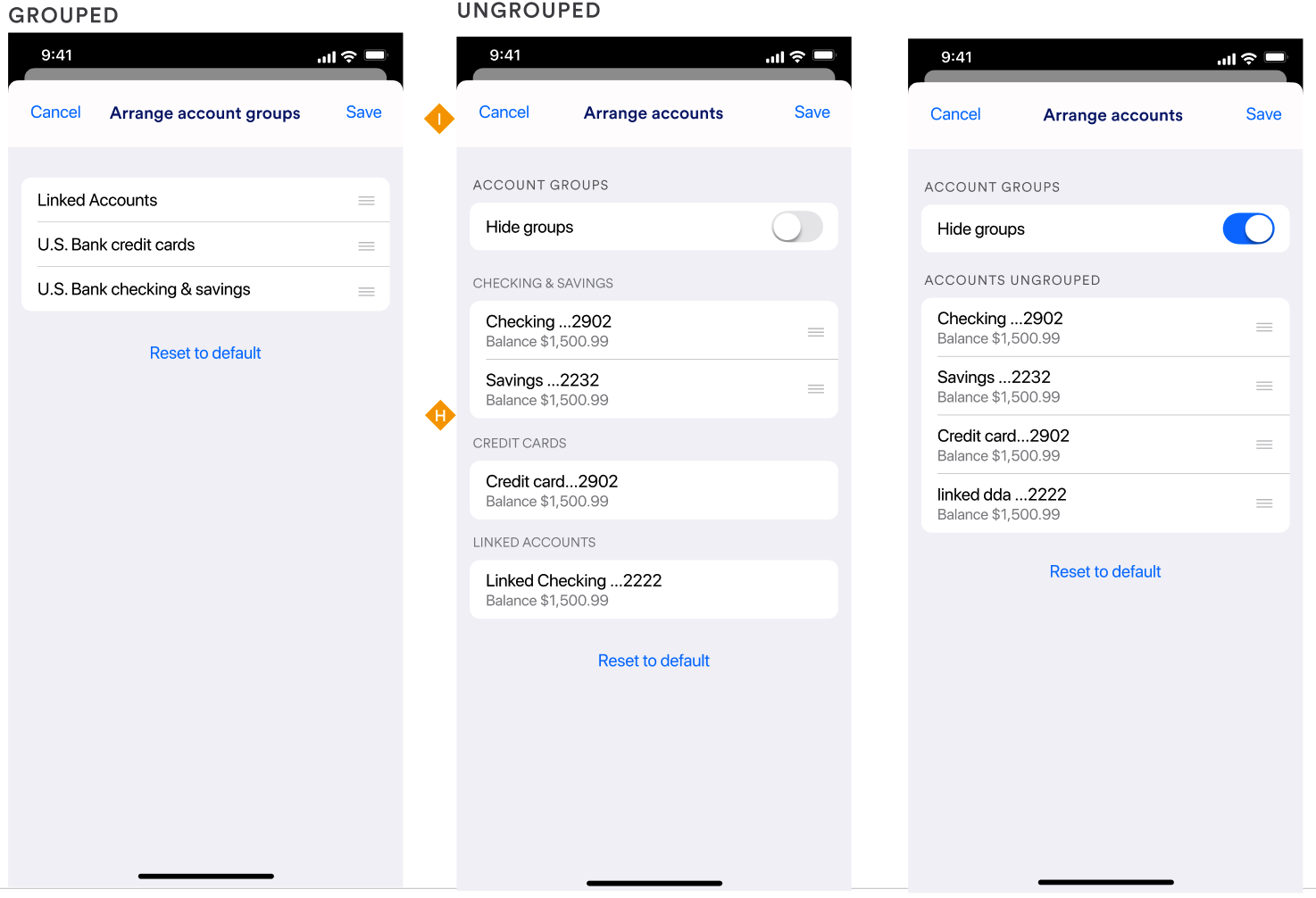 Left: Reorganize groups of accounts Middle and Right: Hide account groupsRight: Organize individual accounts when ungrouped