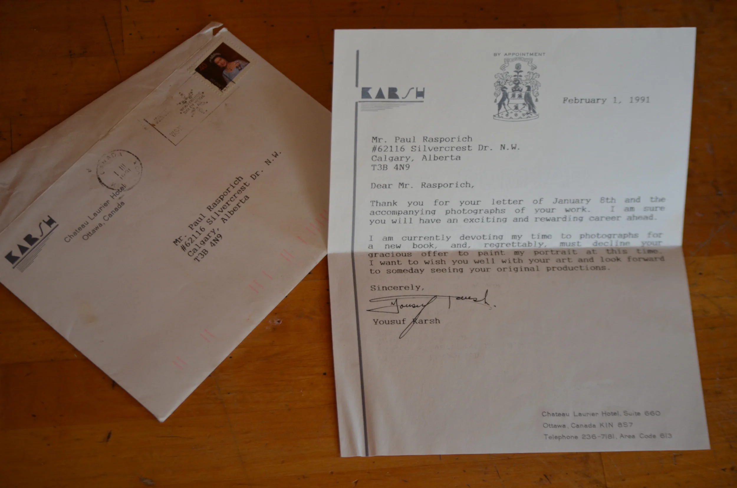 A letter from Yousuf Karsh graciously declining my request to paint his portrait. The greatest rejection letter ever I could receive!