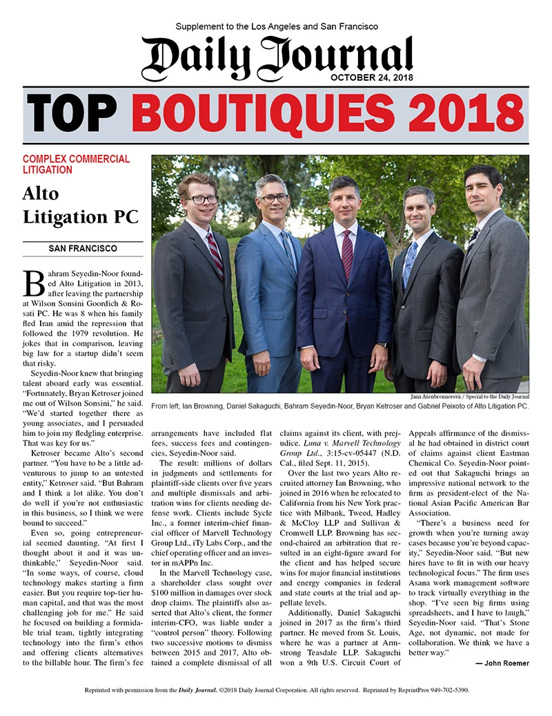 Alto Litigation chosen by the Daily Journal as a California “Top Boutique” law firm