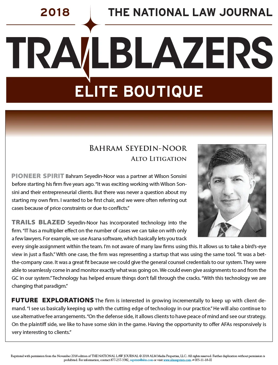 Alto's Bahram Seyedin-Noor selected for The National Law Journal Elite Boutique Trailblazer distinction