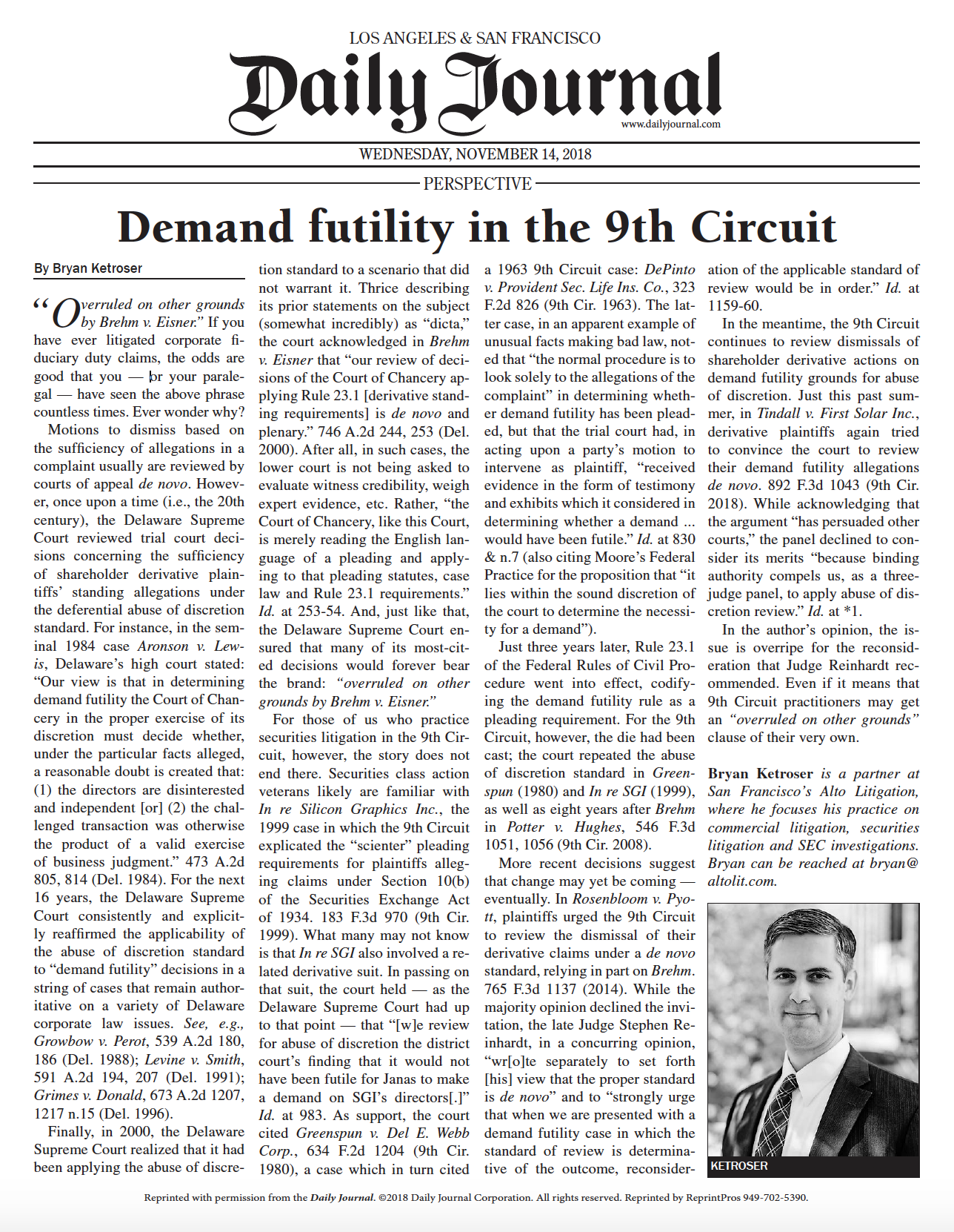 Alto's Bryan Ketroser published in Daily Journal