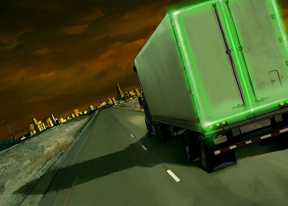 Nuclear Truckers - Illustration on nuclear highway transportation.