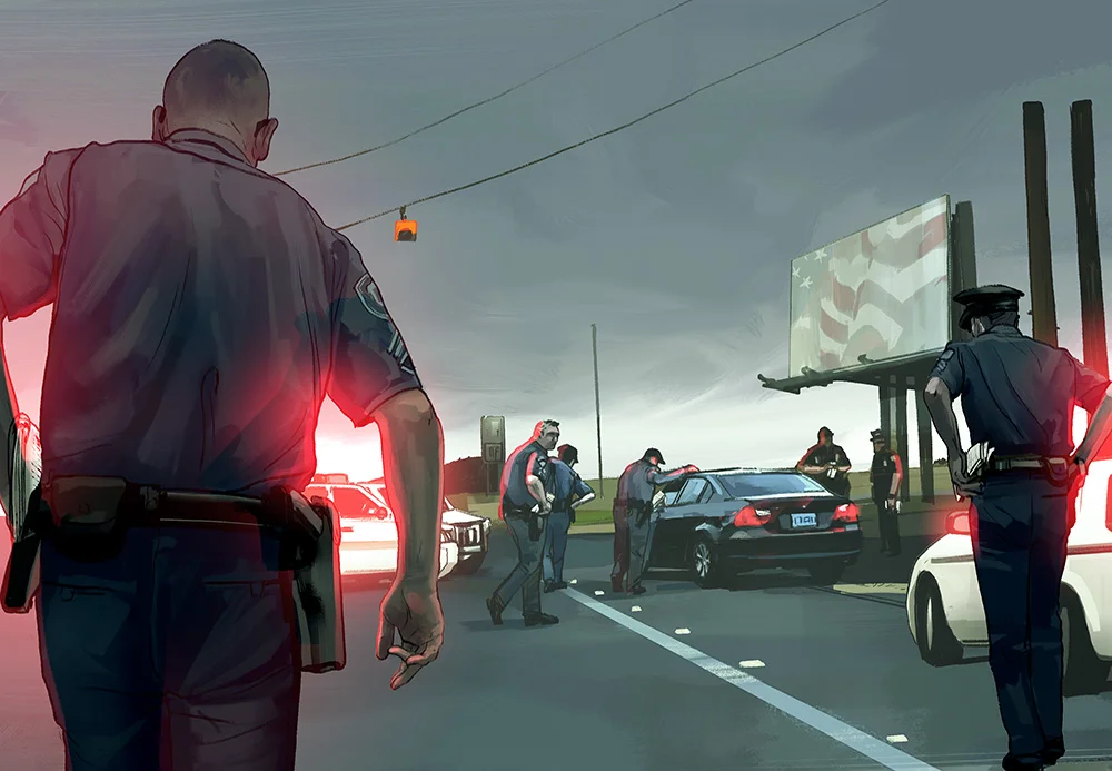 Shakedown - Illustration for Mother Jones on The dangers of turning police officers into revenue generators.