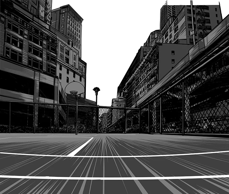 Noir comic-inspired cityscape illustrations for the Nike "Dominate Training" campaign.