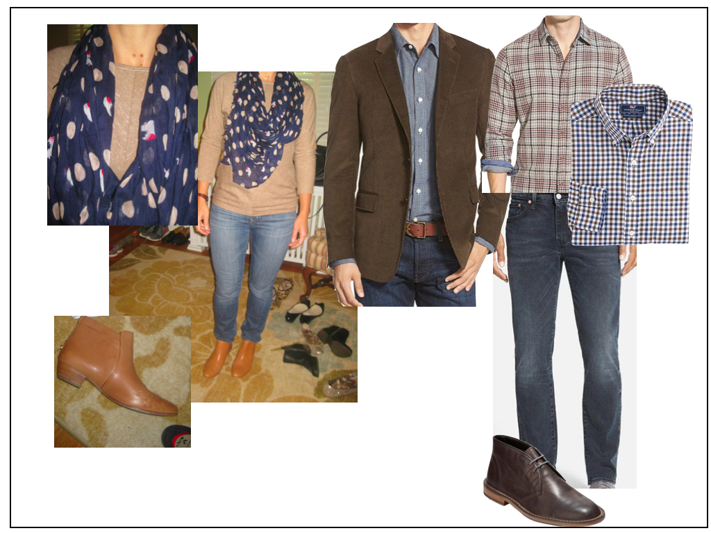 Her outfit is casual and polished and mixes tones of blue and brown. Coordinate his colors with hers--add some pattern on the shirt and texture on the jacket. There is a great rhythm of tones between the two of them without feeling too 'matchy.'