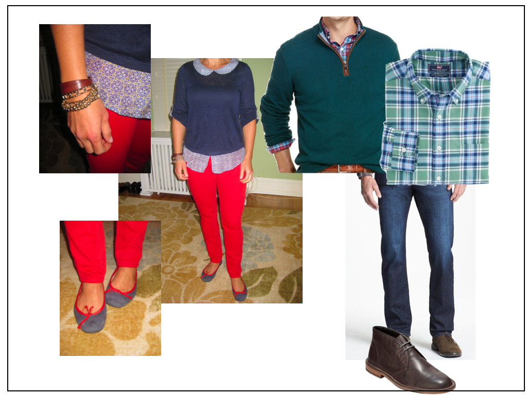 She goes preppy and bright and so can he. Keep his outfit a bit more tonal (only blue and green used above) to avoid an overly-colorful, juvenile feel. 