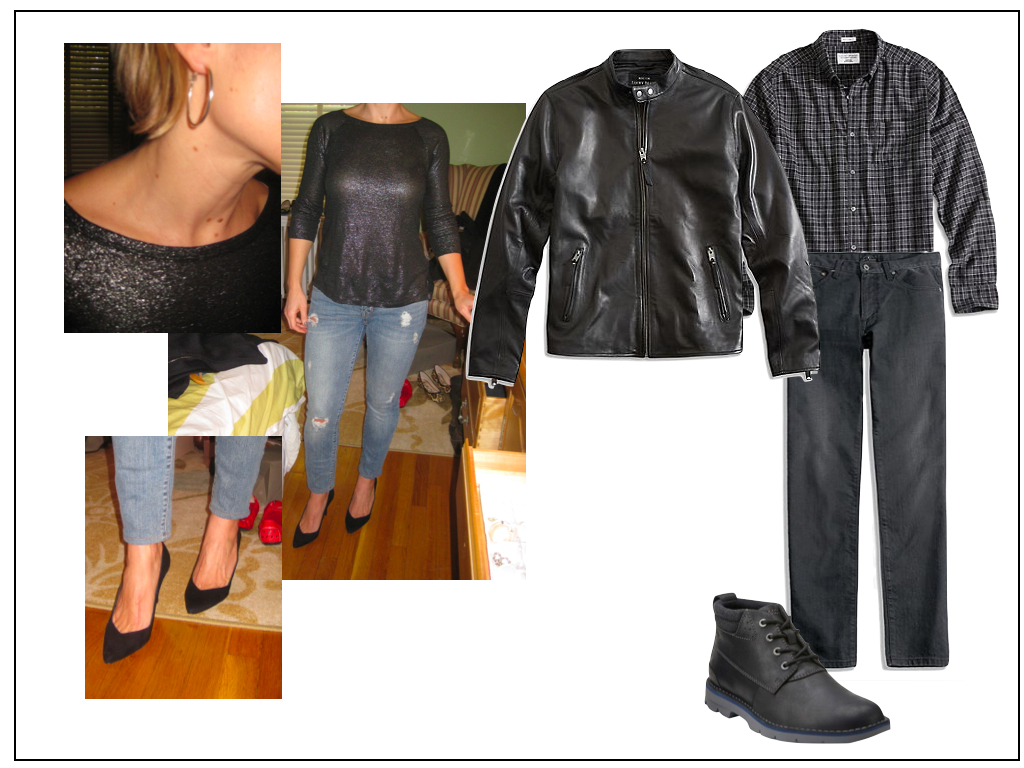 Her outfit has some edge. His can, too--use black and grey exclusively. The leather jacket is sharp--not too many bells and whistles (in other words, zippers and snaps) allows it to go edge-y or more refined with other combinations. Click here to link to all his choices.