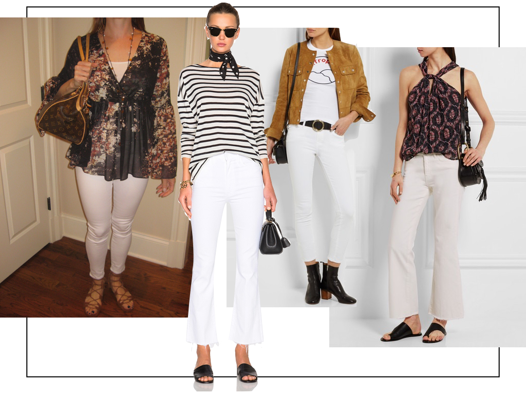 Yes, you can wear white jeans after Labor Day. Pair them with black, brown or tan for a chic transitional outfit. Mother white crops from Elyse Walker, Frame white skinny jeans , and Mih jeans at Netaporter .