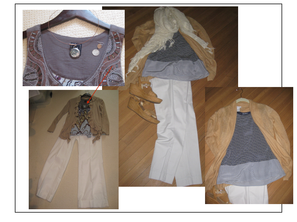 Use natural fabrics (cotton, silk, or linen rather than anything polyester) and choose muted colors (navy, plum, grey); then combine white, tan, and creme in layers. Both of these outfits can transition even further by swapping out the white pants for blue jeans as the days get cooler.