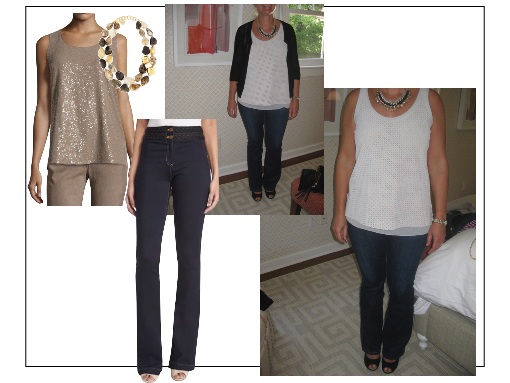 Blue jeans with sandals, a neutral top and strong necklace make an easy and casual cocktail outfit. Natural agate necklace , Lafayette 148 sequin tank , Veronica Beard bootcut jeans .