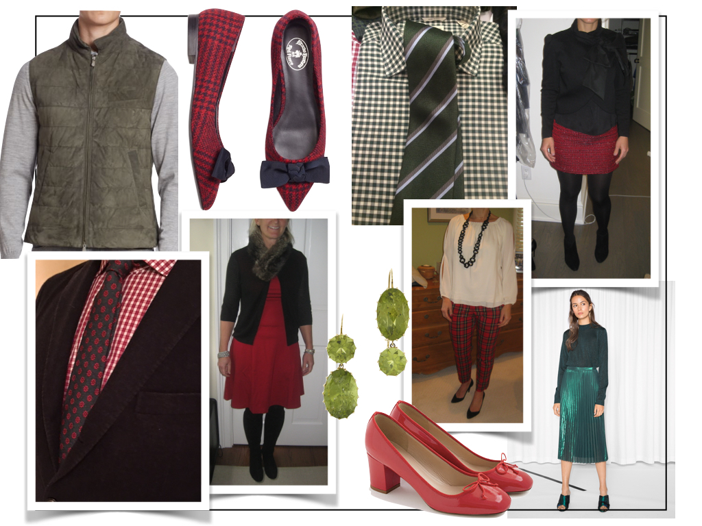 Brunello Cucinelli suede vest, Brooks Brothers plaid flats, Renee Lewis peridot earrings, J.Crew red pumps, &OtherStories green sweater and skirt. Click here for links.