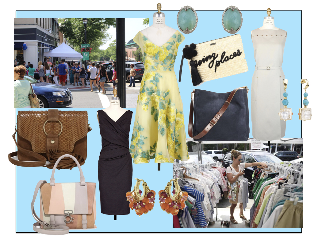 Lela Rose citrine floral dress , Kate Spade straw wristlet , Lanvin navy suede bag , Agnona beige studded dress , Runhof black stretch cotton dress , Derek Lam patchwork bag , MR. suede and python crossbody . None of the earrings are on sale, but they were just too pretty to leave out! All at Shreve, Crump & Low on Greenwich Ave.