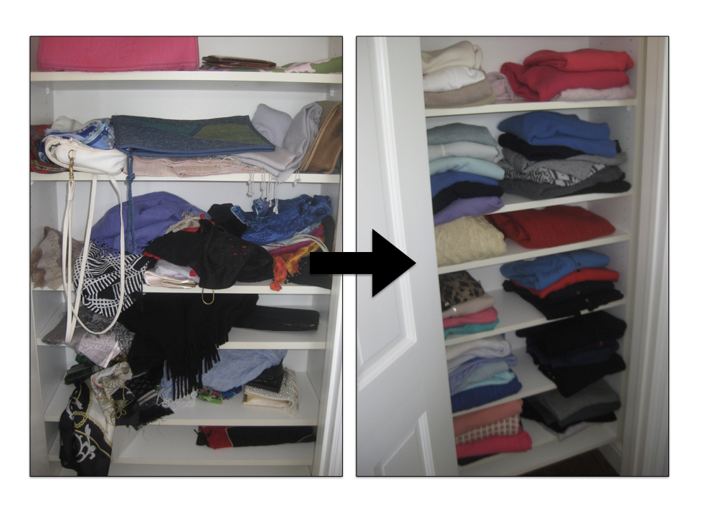 Pro Tip: Choose shelves that are at eye-level for your most used pieces. Here it was better to store sweaters on these shelves and find another home for the scarves and bags.