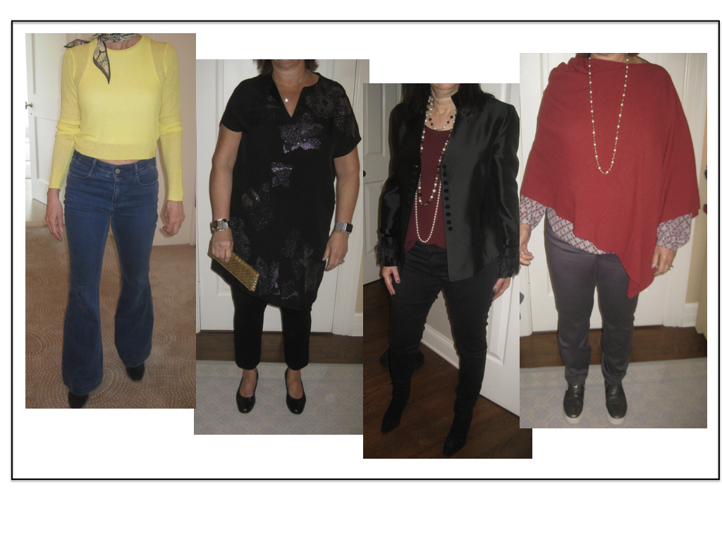 Here are some over-50 beauties who are looking very chic! From left to right: Stella McCartney bell-bottoms--NYDJ straight leg Ponte knit pants under a dress--AG black skinny jeans--NYDJ straight leg grey jeans.