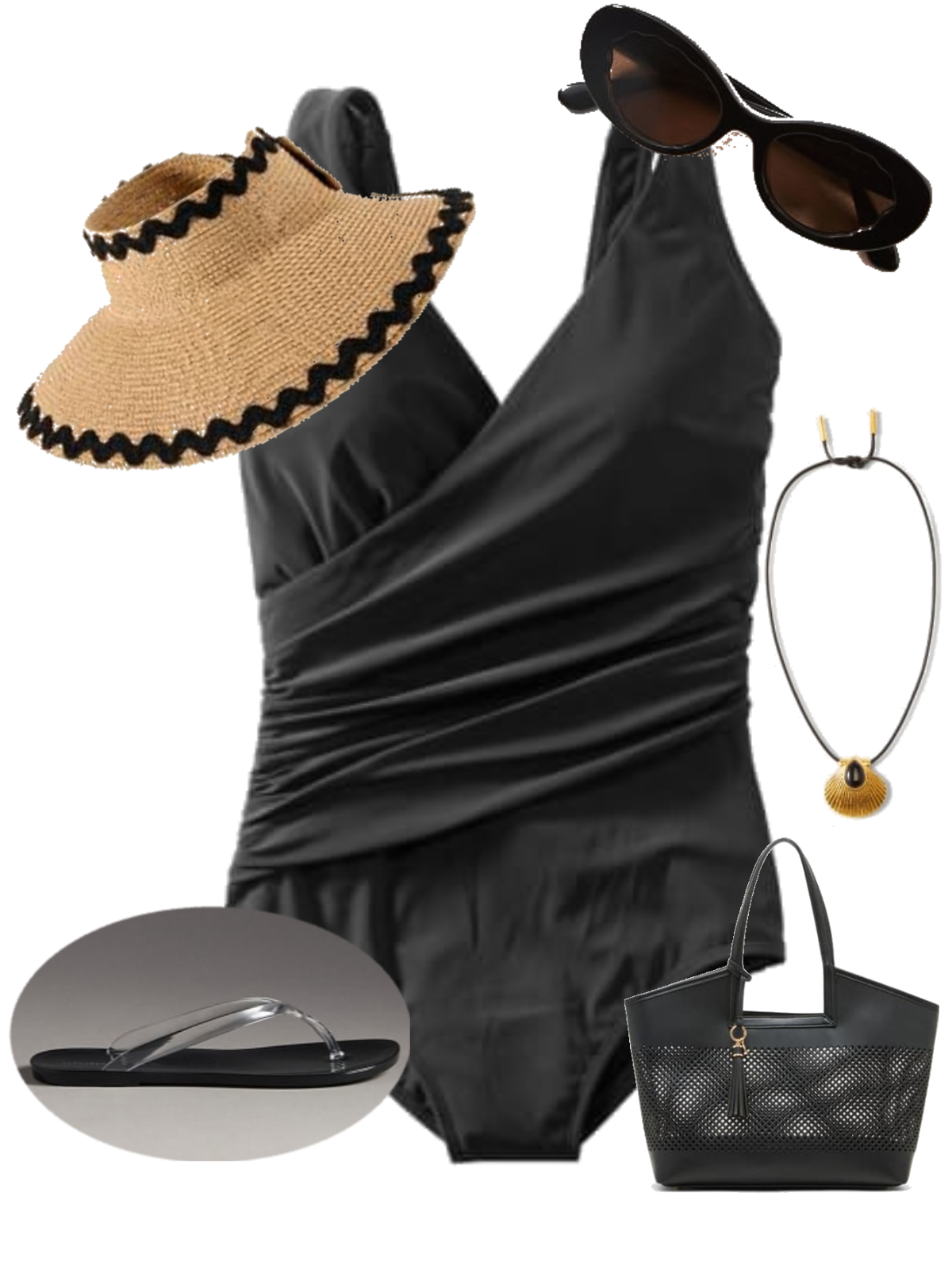 Full coverage black swimsuit with accessories.png