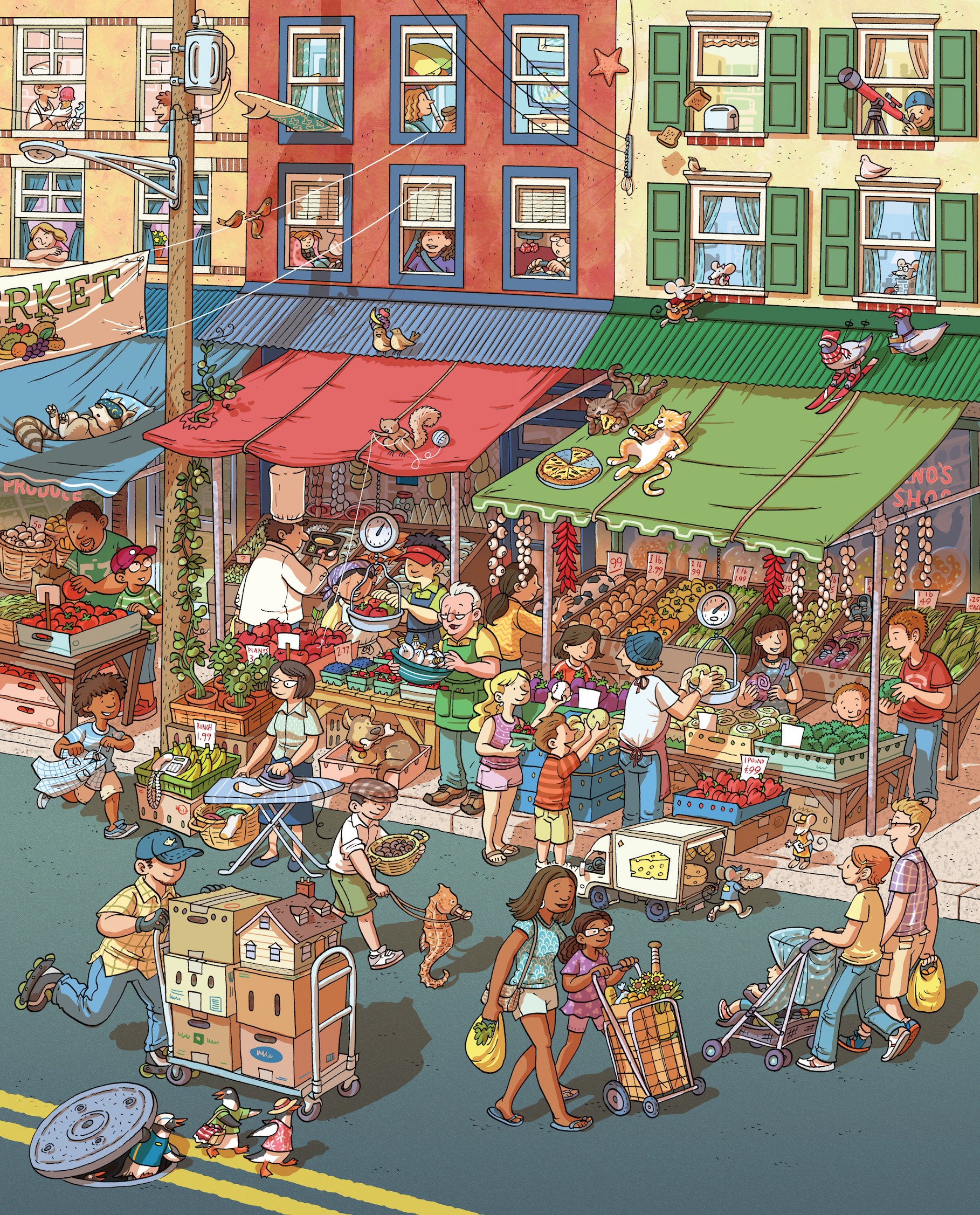 Describe a shop. Рисунок с множеством деталей. Картинки для разглядывания. Рынок иллюстрация. Мультяшный город и рынок.