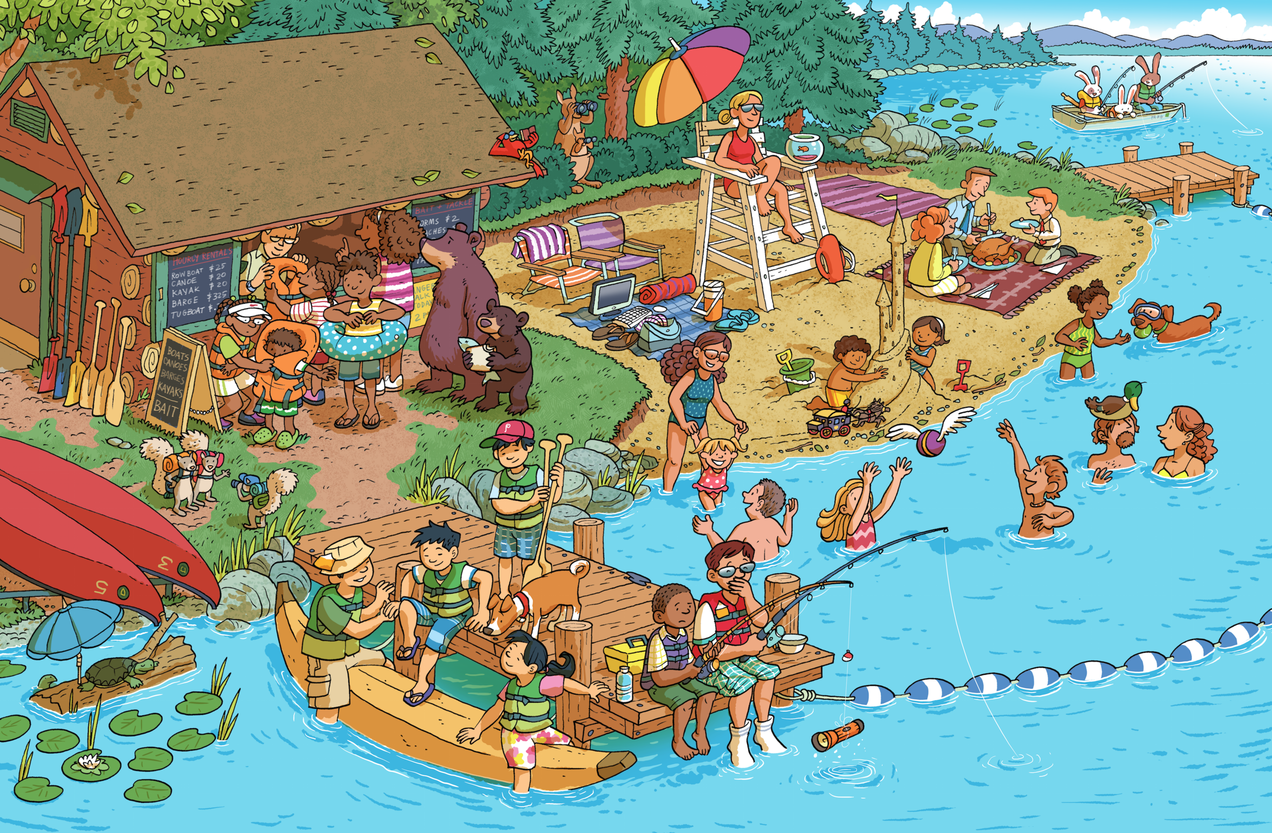 Describing holidays. Виммельбух пляж. Отдых на озере рисунок. Виммельбух для детей по теме озеро. Картинки для разглядывания.