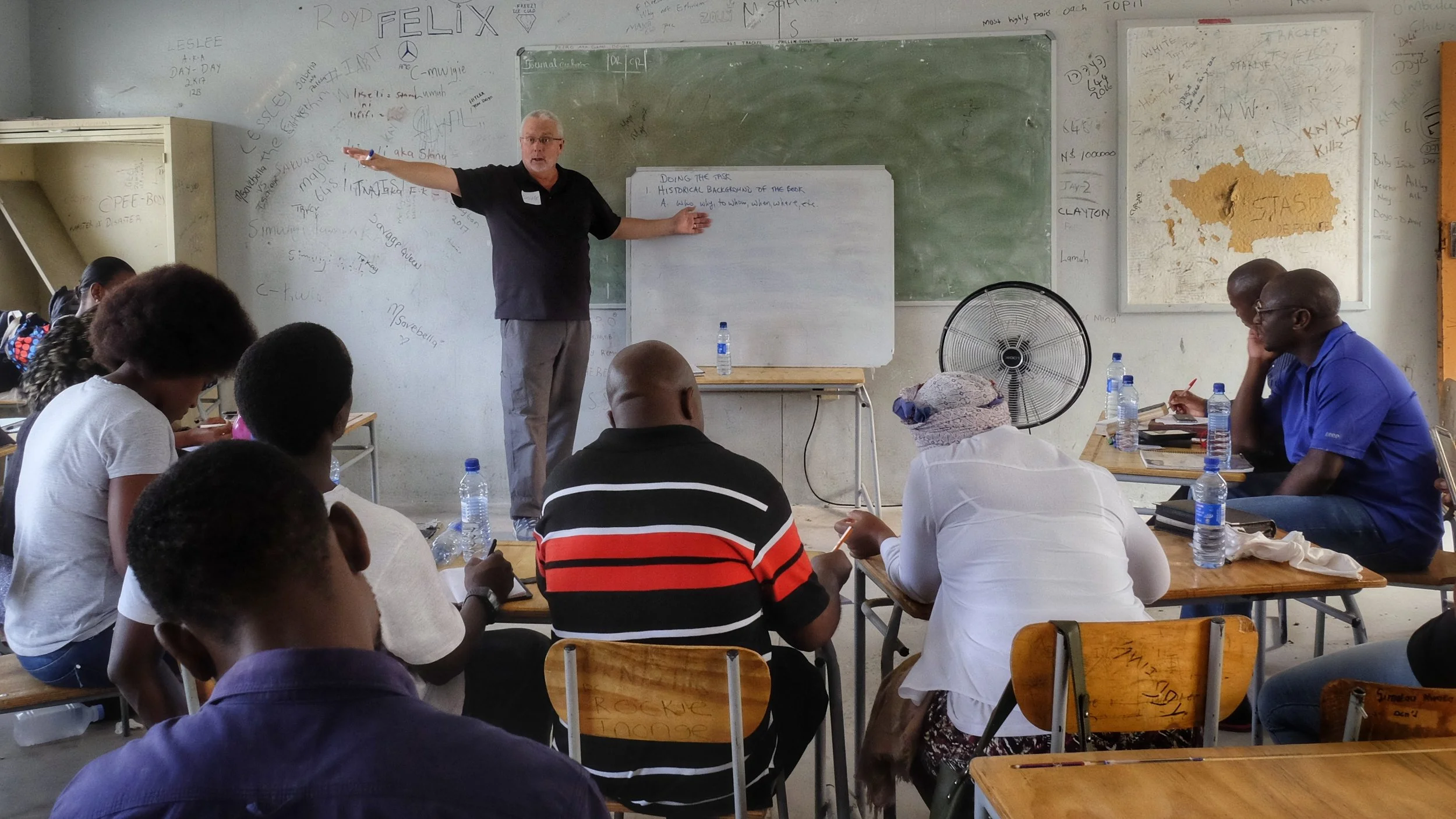 We taught in secondary school classrooms and, thankfully, had a good floor fan for all but two of the sessions. 