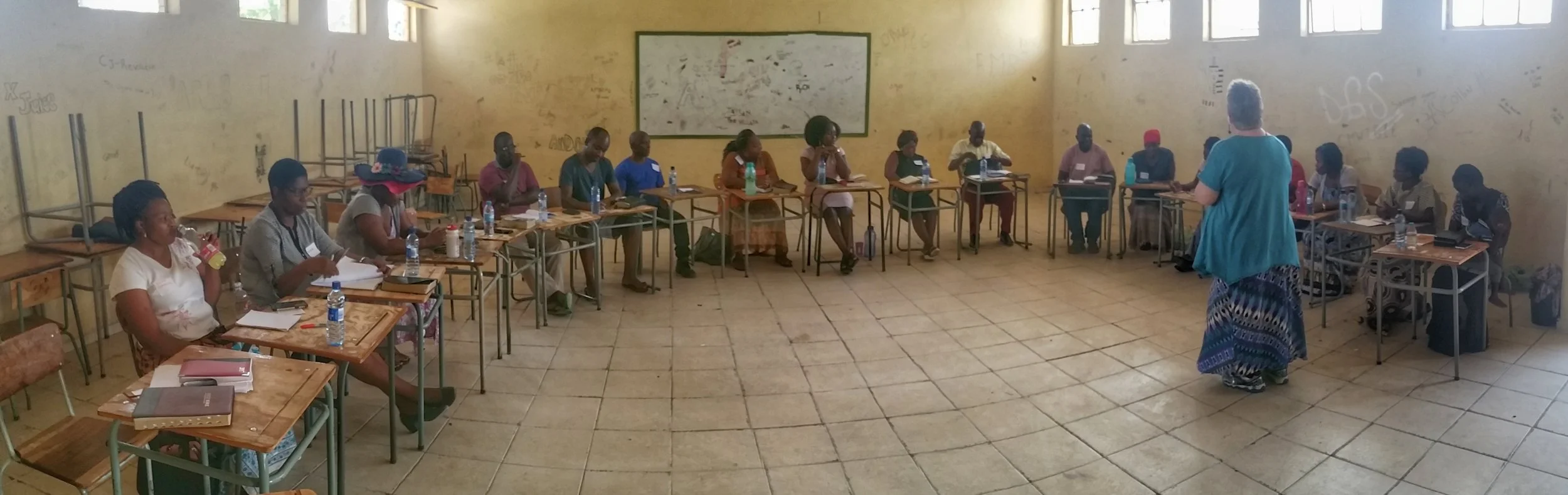 Our students were from three churches and four countries, Namibia, Zambia, Zimbabwe and Nigeria. We met in secondary school classrooms. Pastor Yumba teaches Physics and Chemistry there.