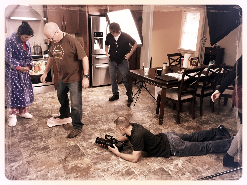 6 STRONG MEDIA's Chris Braly (VP, Production) and Johnny Stockman (Creative Director) prepping the kitchen floor for another spill shot.