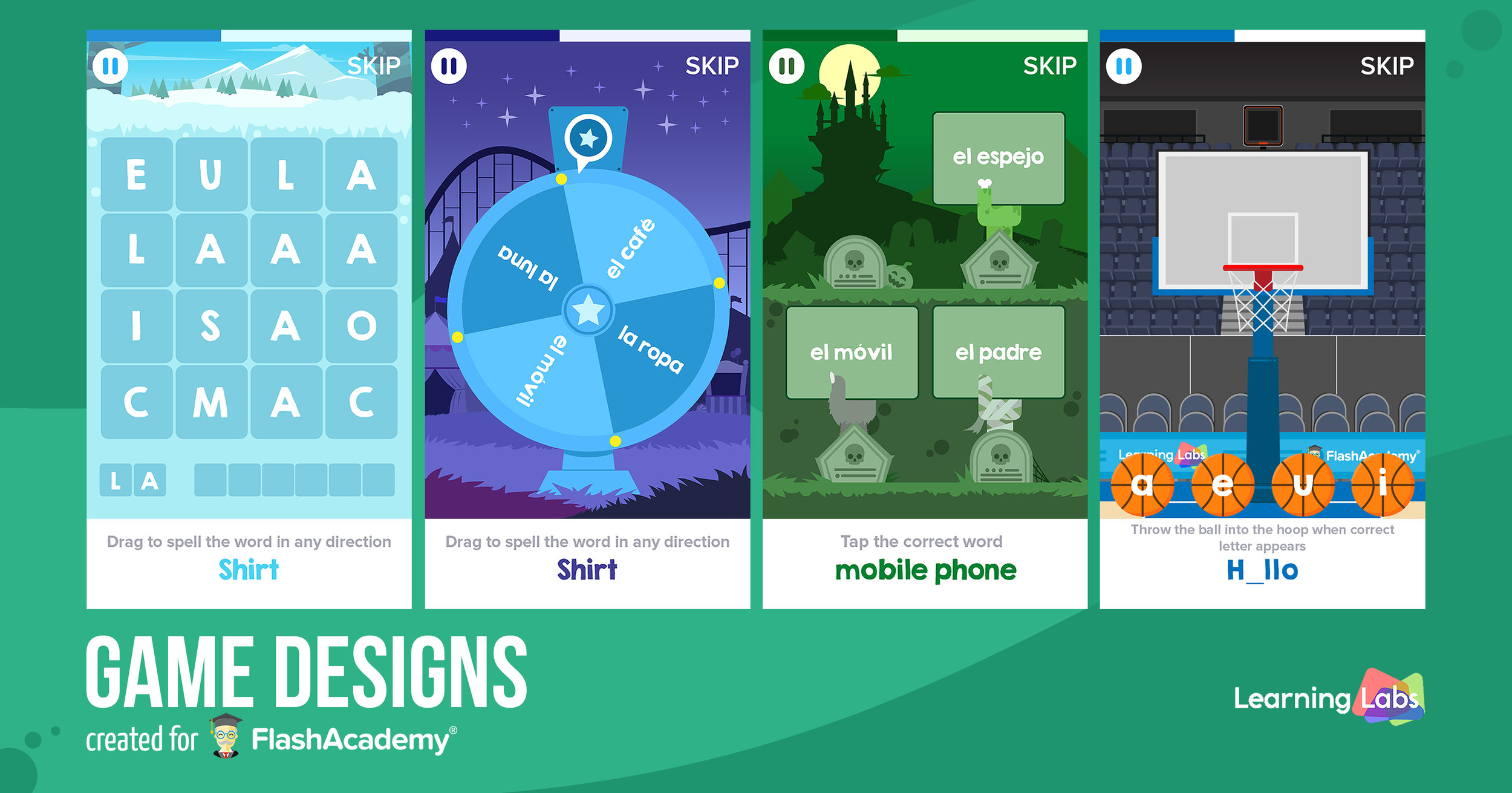 These are a couple of games that I designed for the language learning IOS and Android app called FlashAcademy. The purpose of these games are to help the user learn and remember new words in a fun and engaging way.
