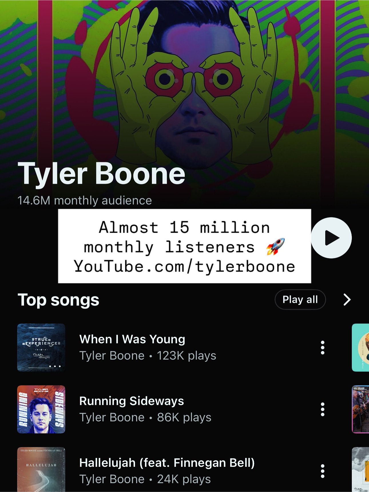 15 million monthly listeners on YouTube - Tyler Boone