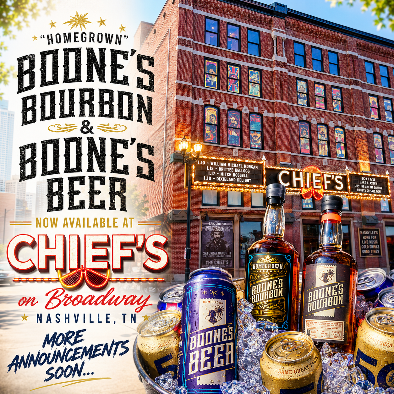 "Homegrown" Boone's Bourbon and Boone's Beer available at Chief's on Broadway