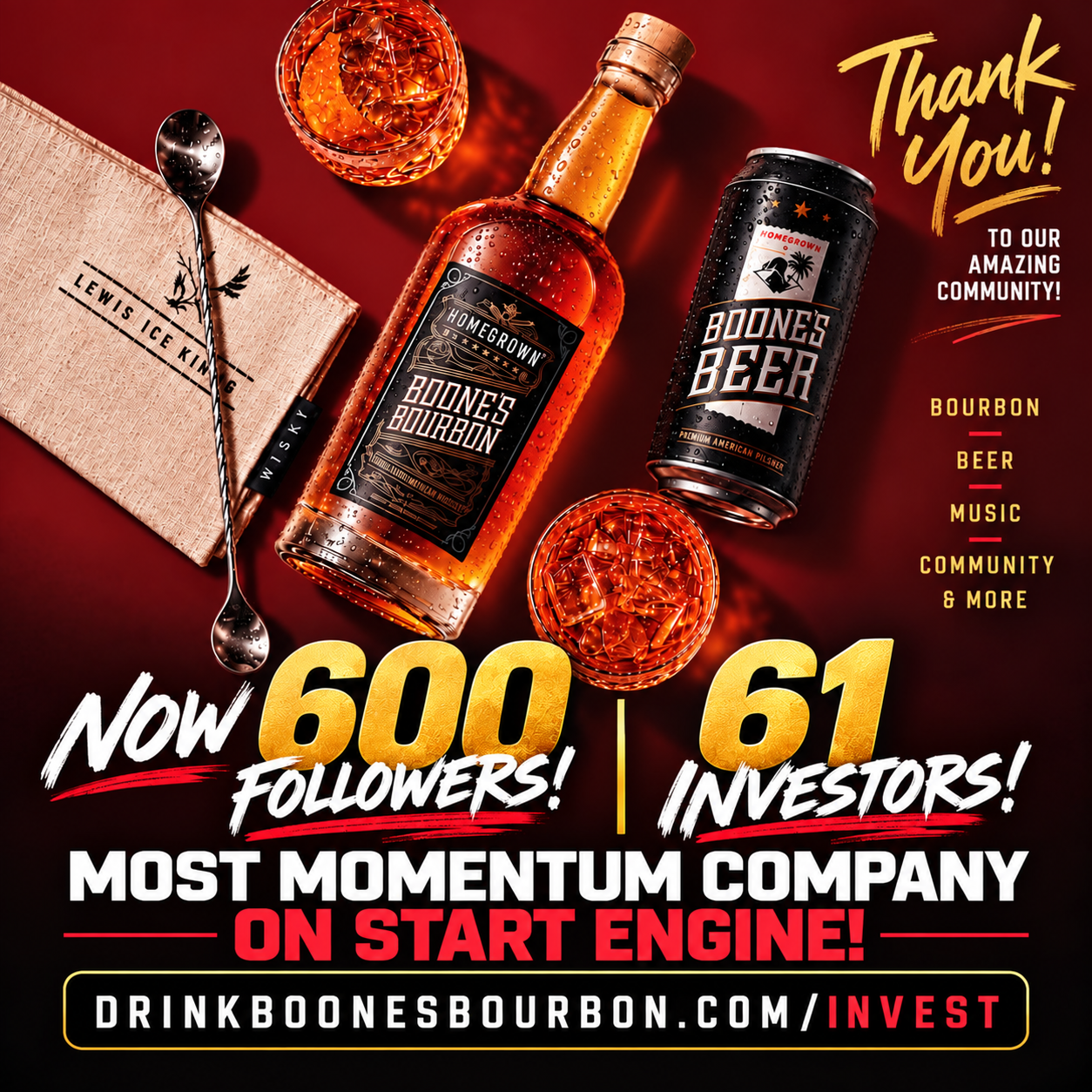Boone's Bourbon and Beer over 600 followers and 61 investors on Start Engine in 3 weeks!