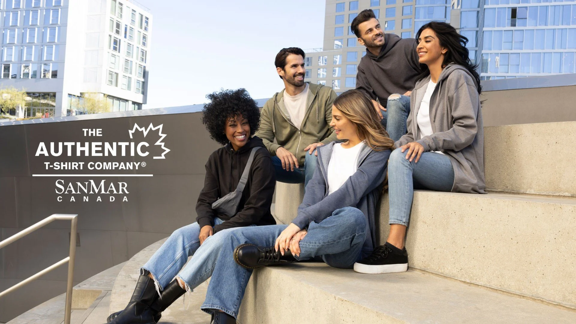 Sanmar Canada models in fleece apparel available for orders across Canada