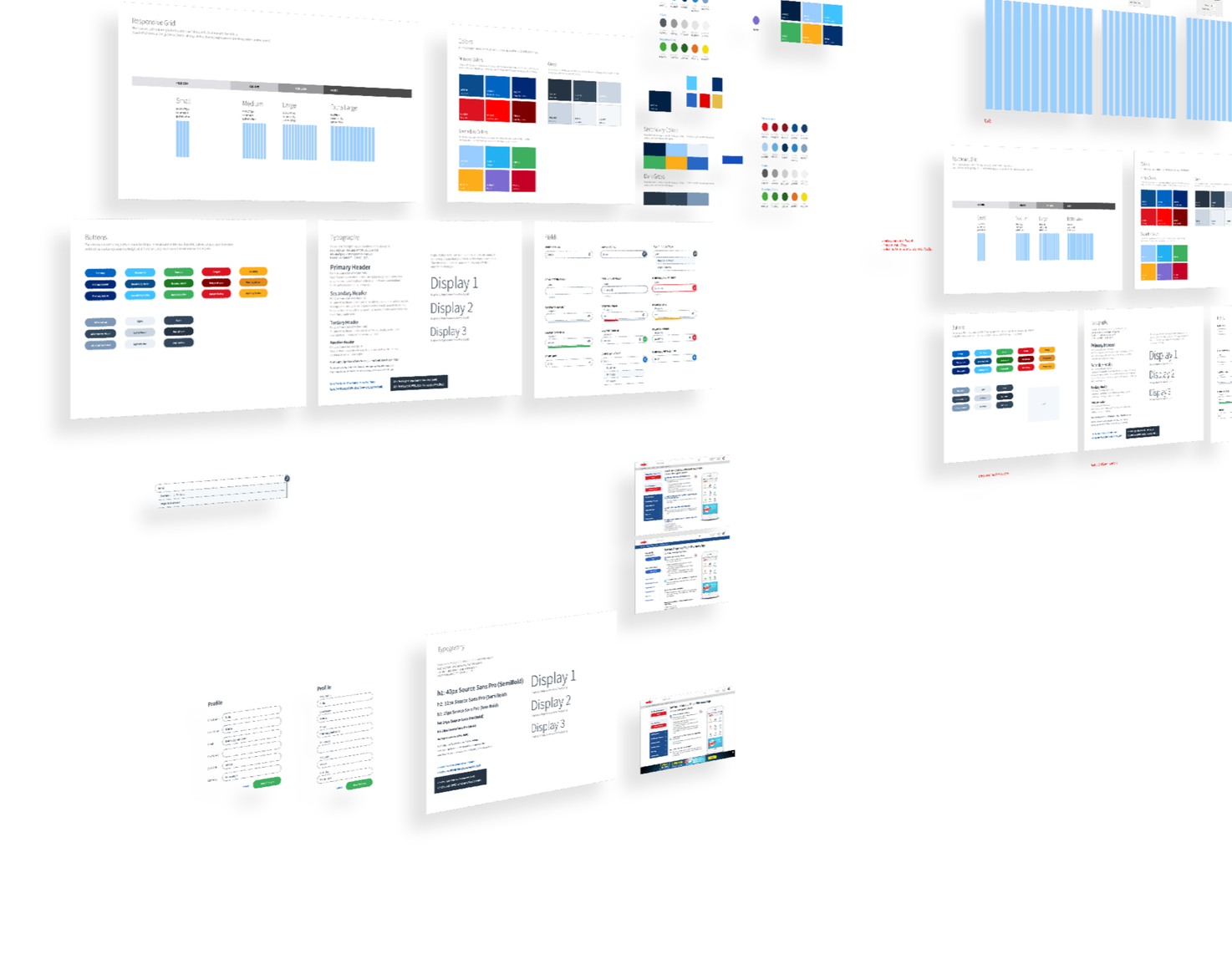 A collection of digital user interface design mockups and charts, including color palettes, button styles, typography, responsive grid layouts, and screen mockup previews.