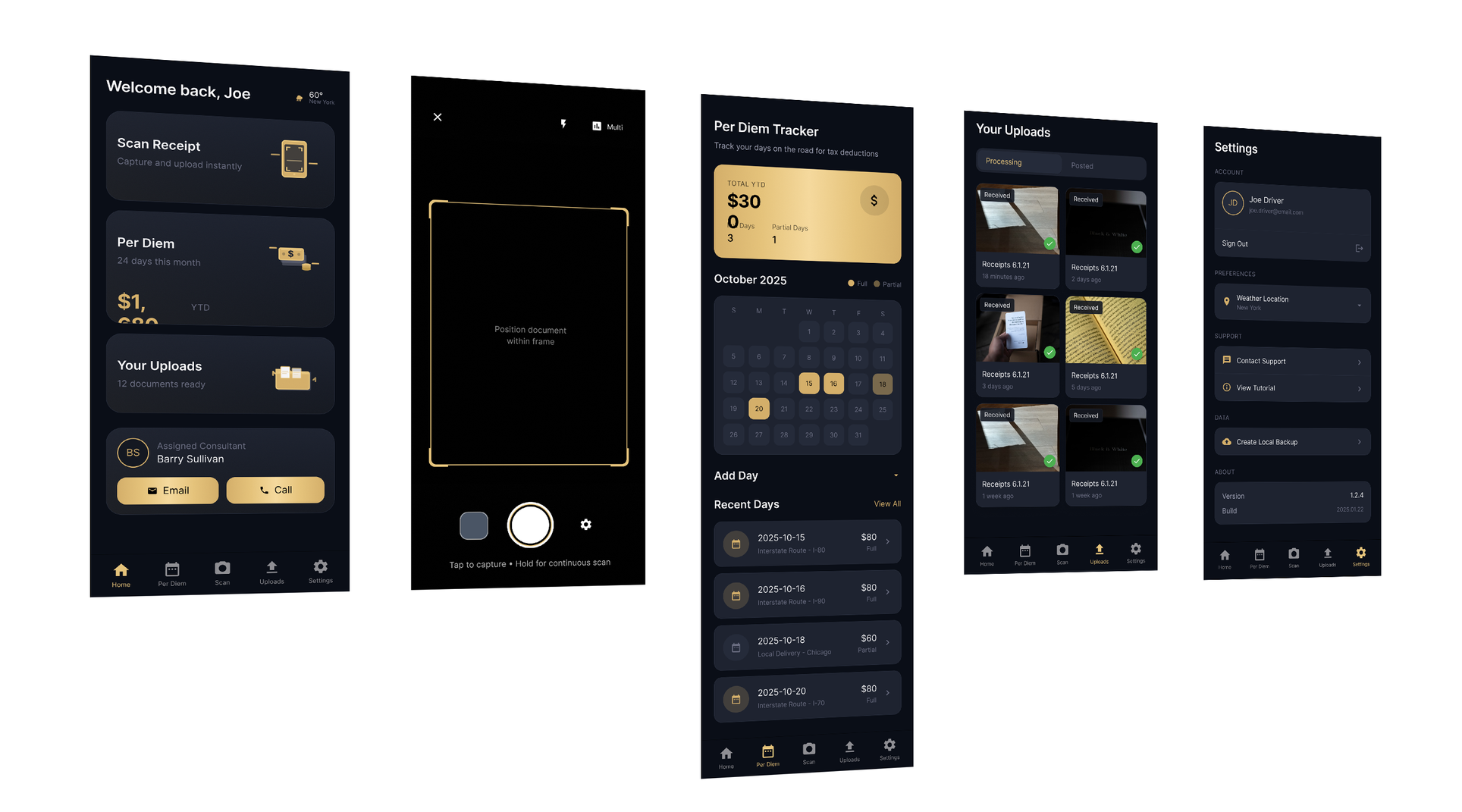 Screenshots of a mobile app interface showing a user dashboard with sections for welcome message, scan receipt, per diem info, uploads, and settings, with dark theme and gold accents.