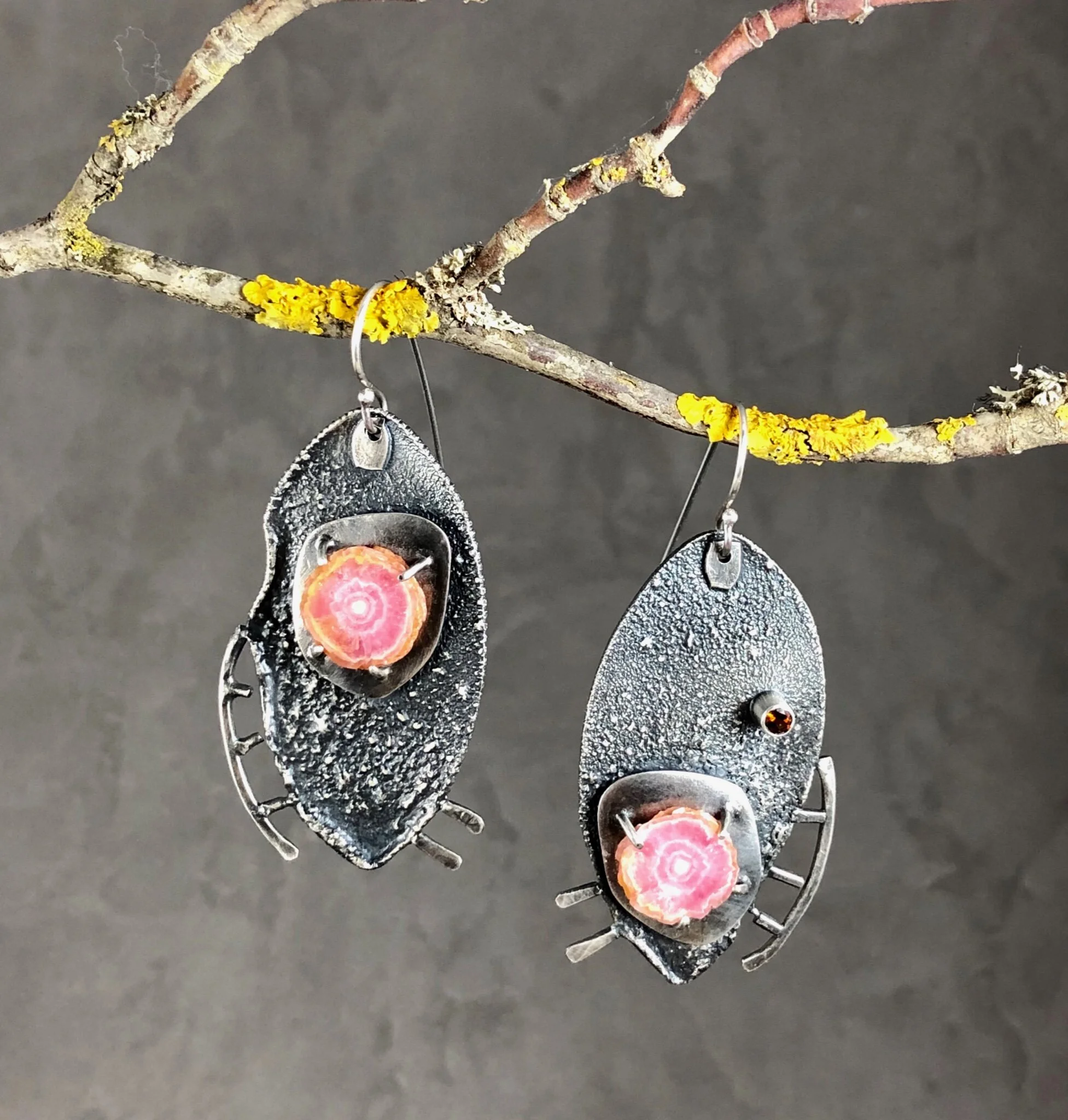 Asymmetric, Craggy, Rhodochrosite Stalactite and Fused Silver Earrings