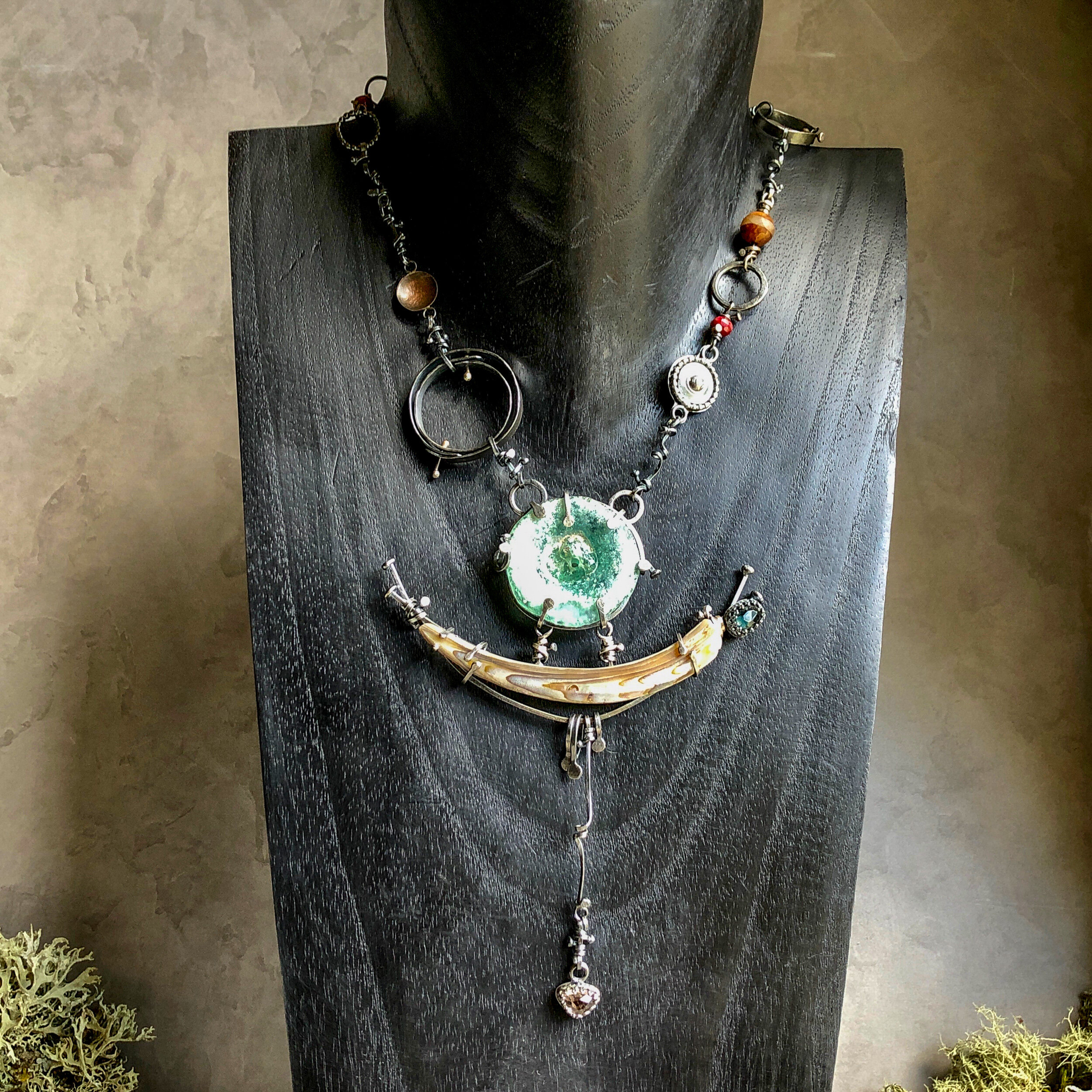 Abalone Moon Necklace with Ancient Roman Glass and Tourmalines