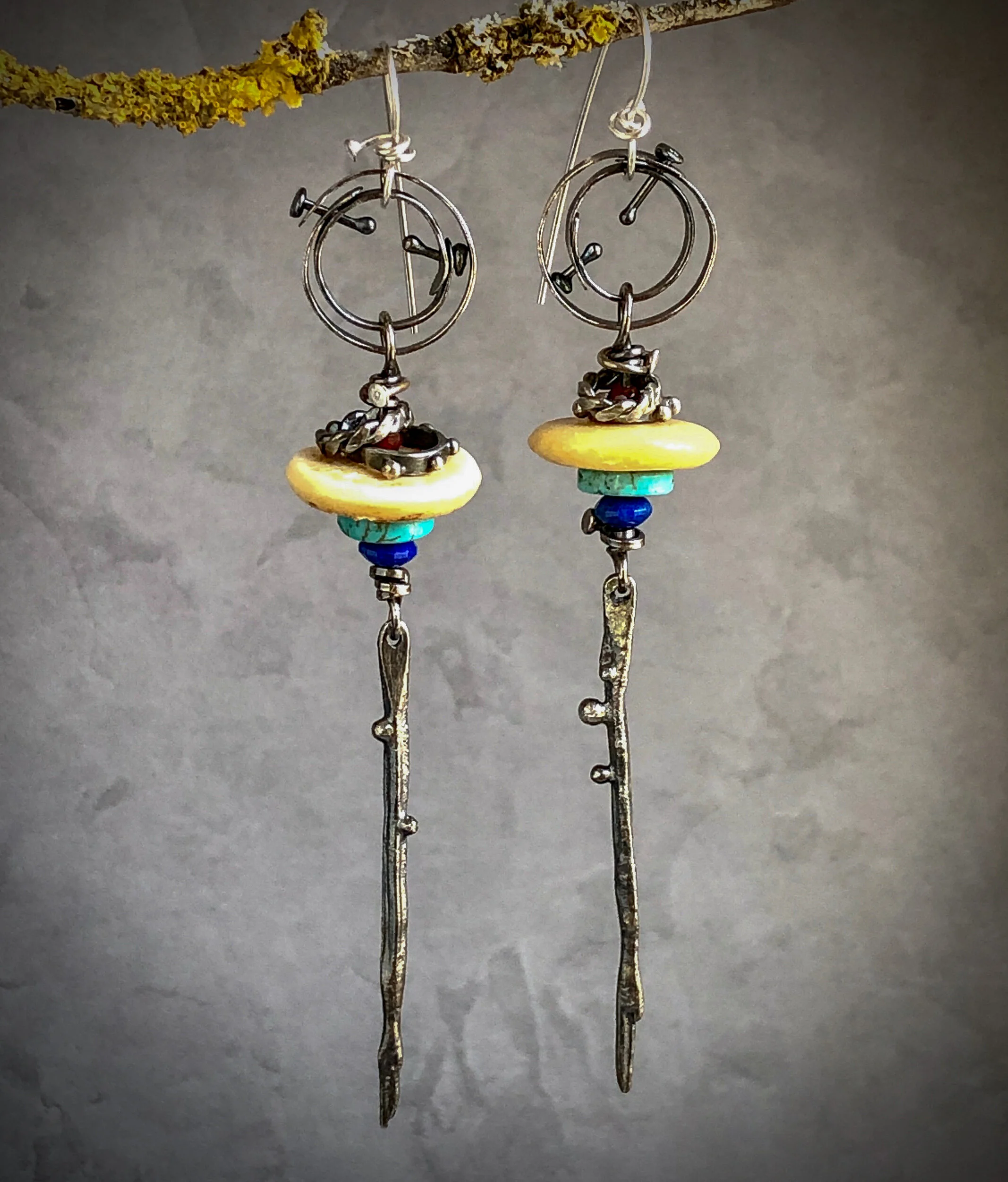 To The Bone Long Earrings with Turquoise, Lapis, Carnelian and Sterling
