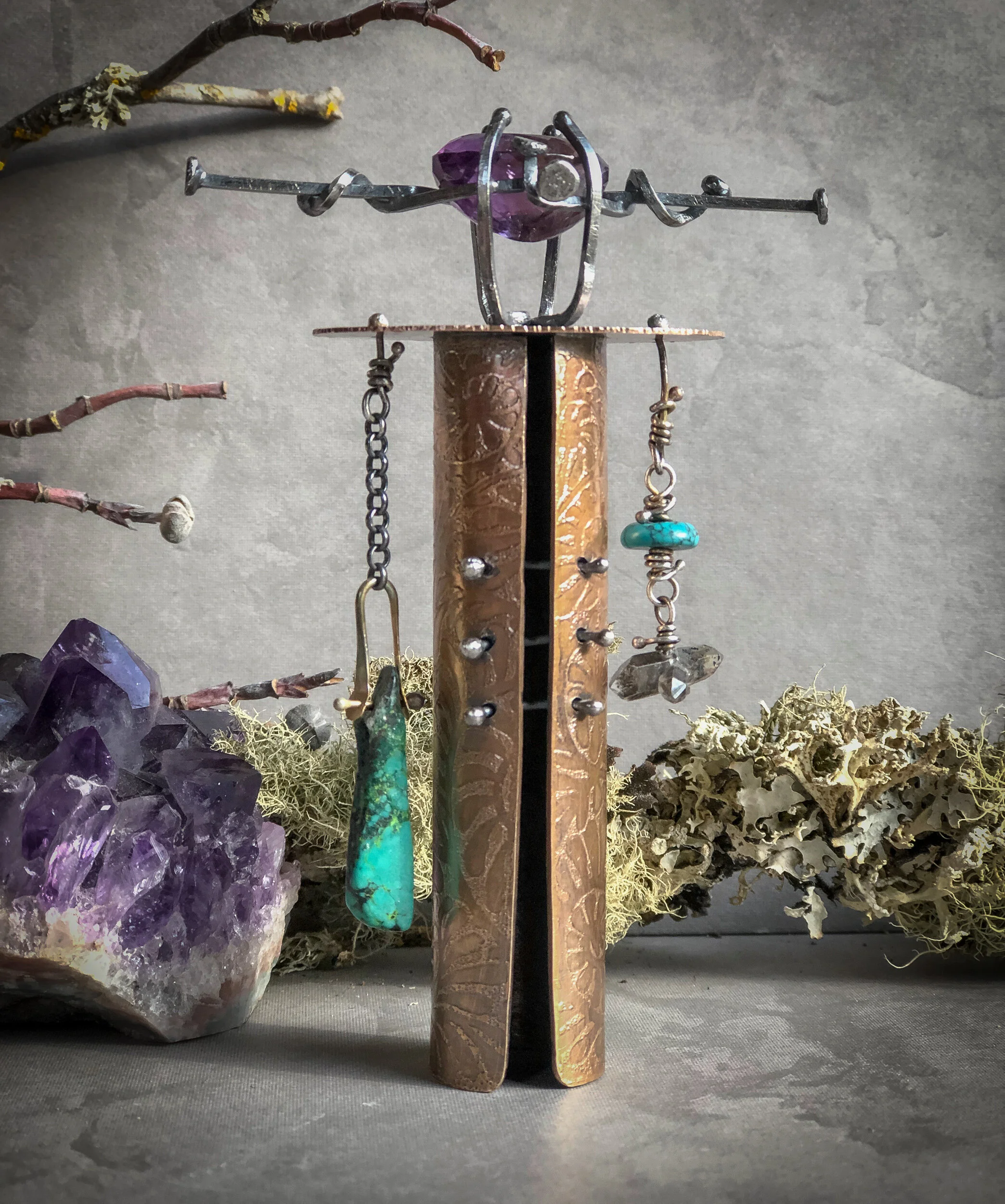 Bronze and Sterling Altar Bell with Amethyst, Turquoise and Smokey Quartz