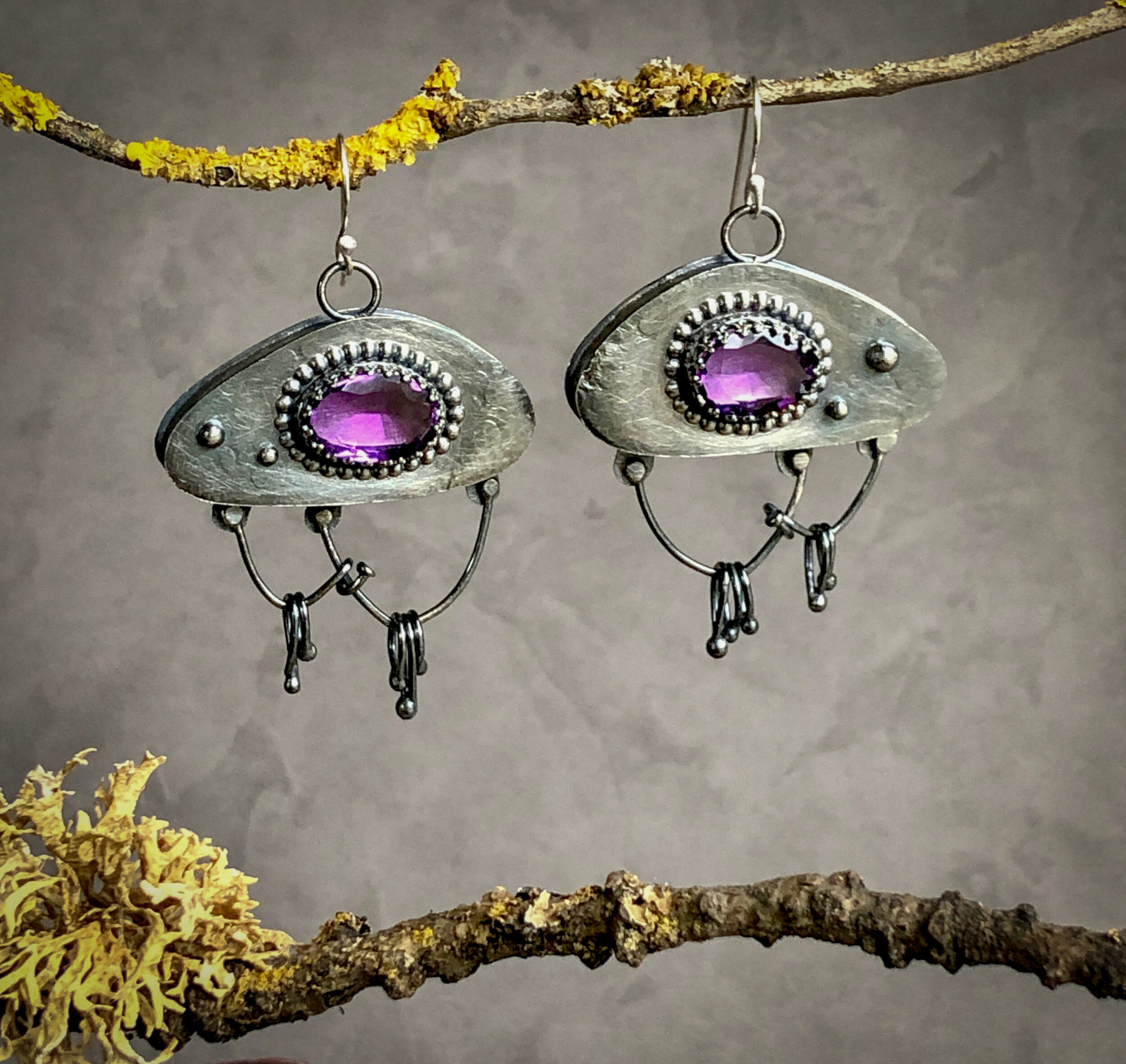 Ancient/Modern/Otherworldly Earrings of Faceted Amethyst and Sterling Silver