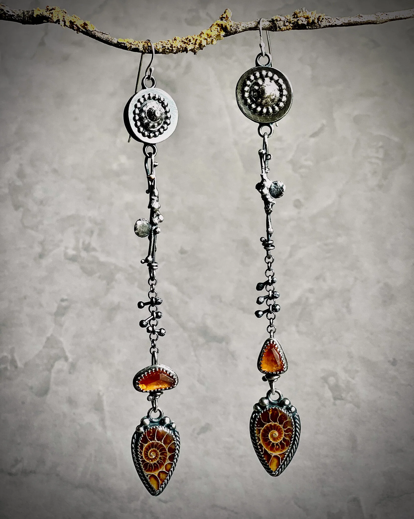 Fossil Ammonite, Tourmaline and Textural Sterling Convertible Earrings