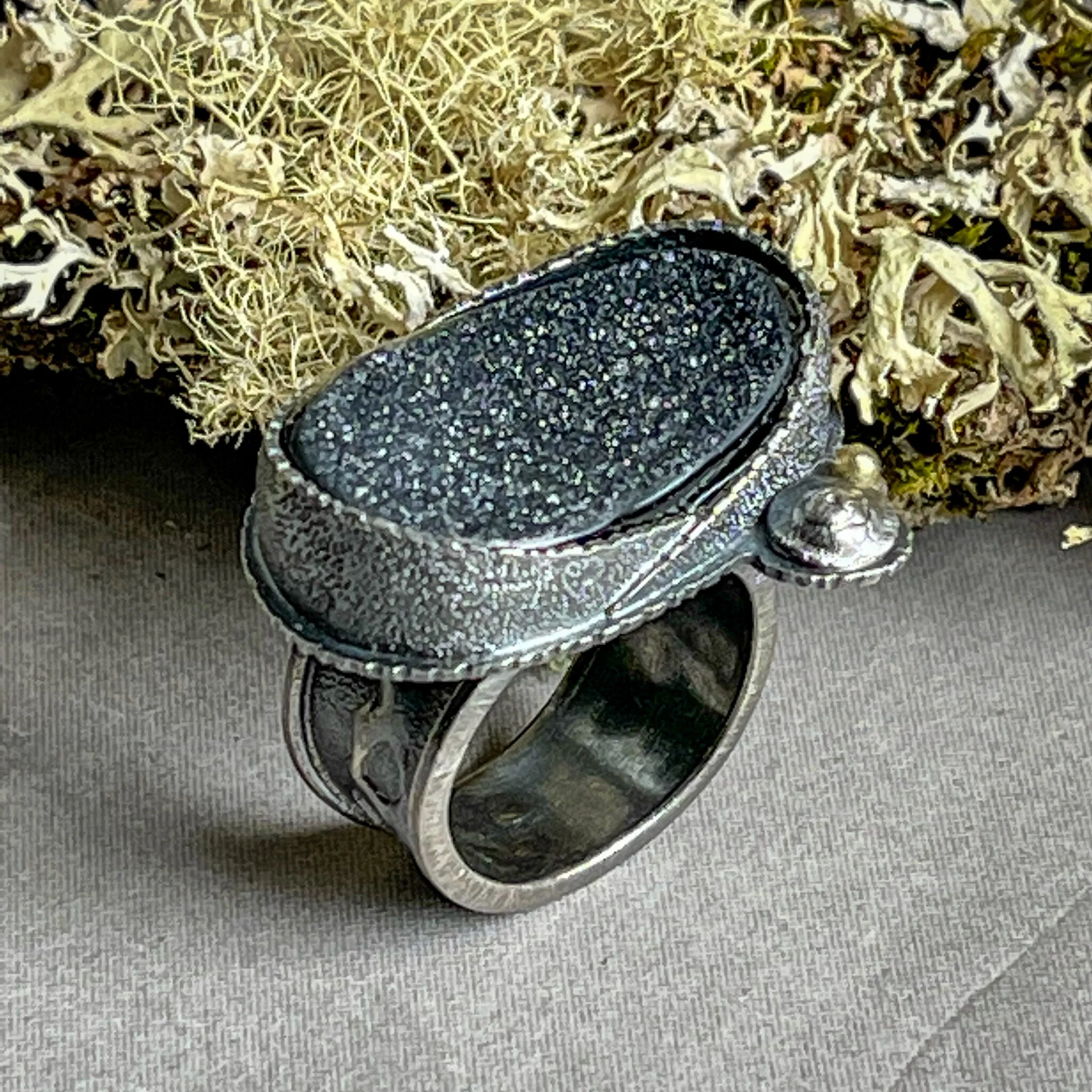 Black Agate Drusy Power Ring with 18k Embellishment