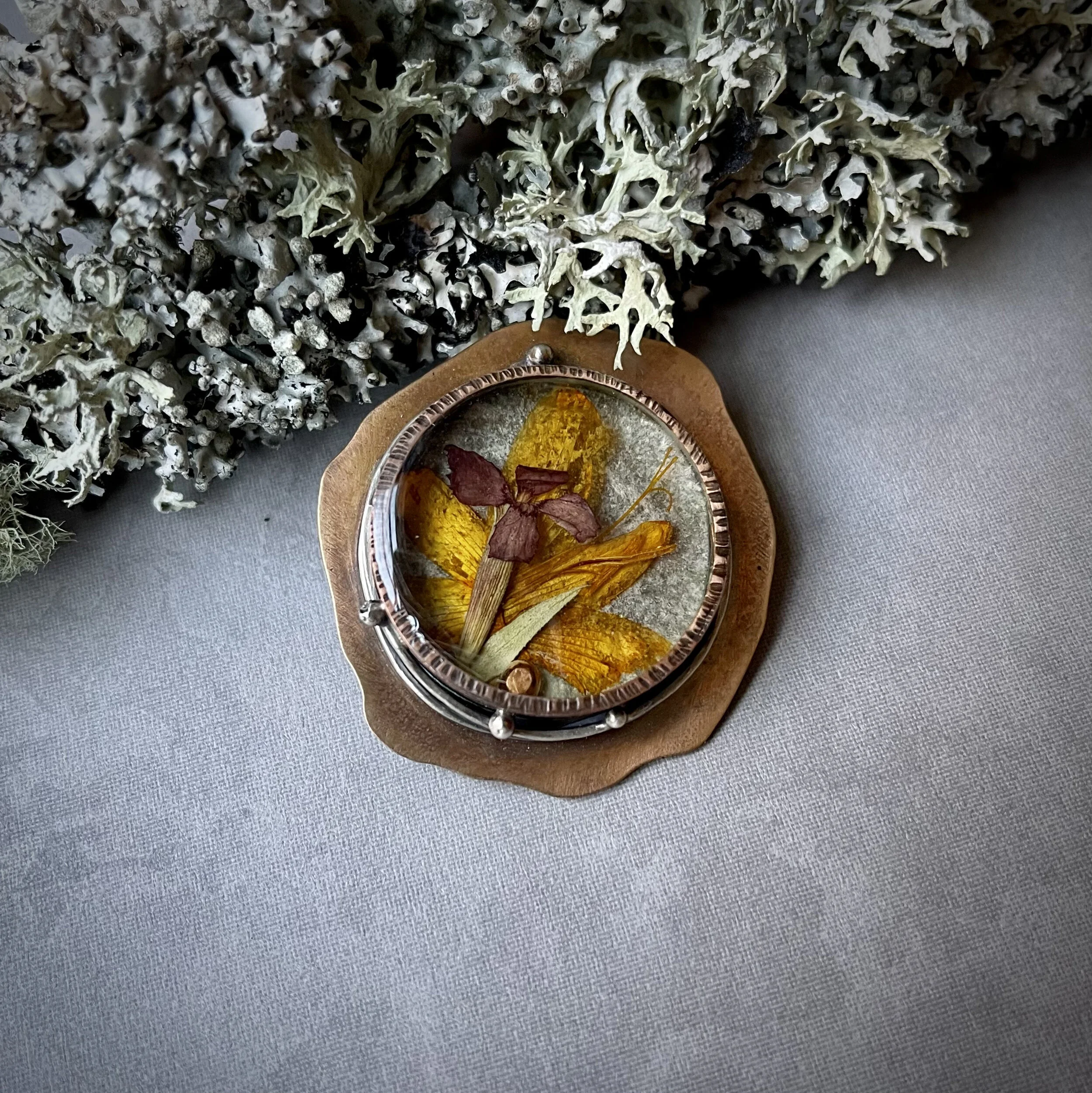 Bronze and Sterling Brooch with Pressed Flowers in Resin