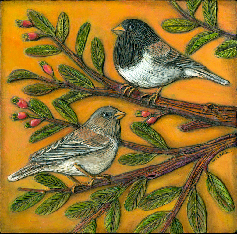 Pair of Juncos, paper clay on panel,©rogenemanas.com.jpeg