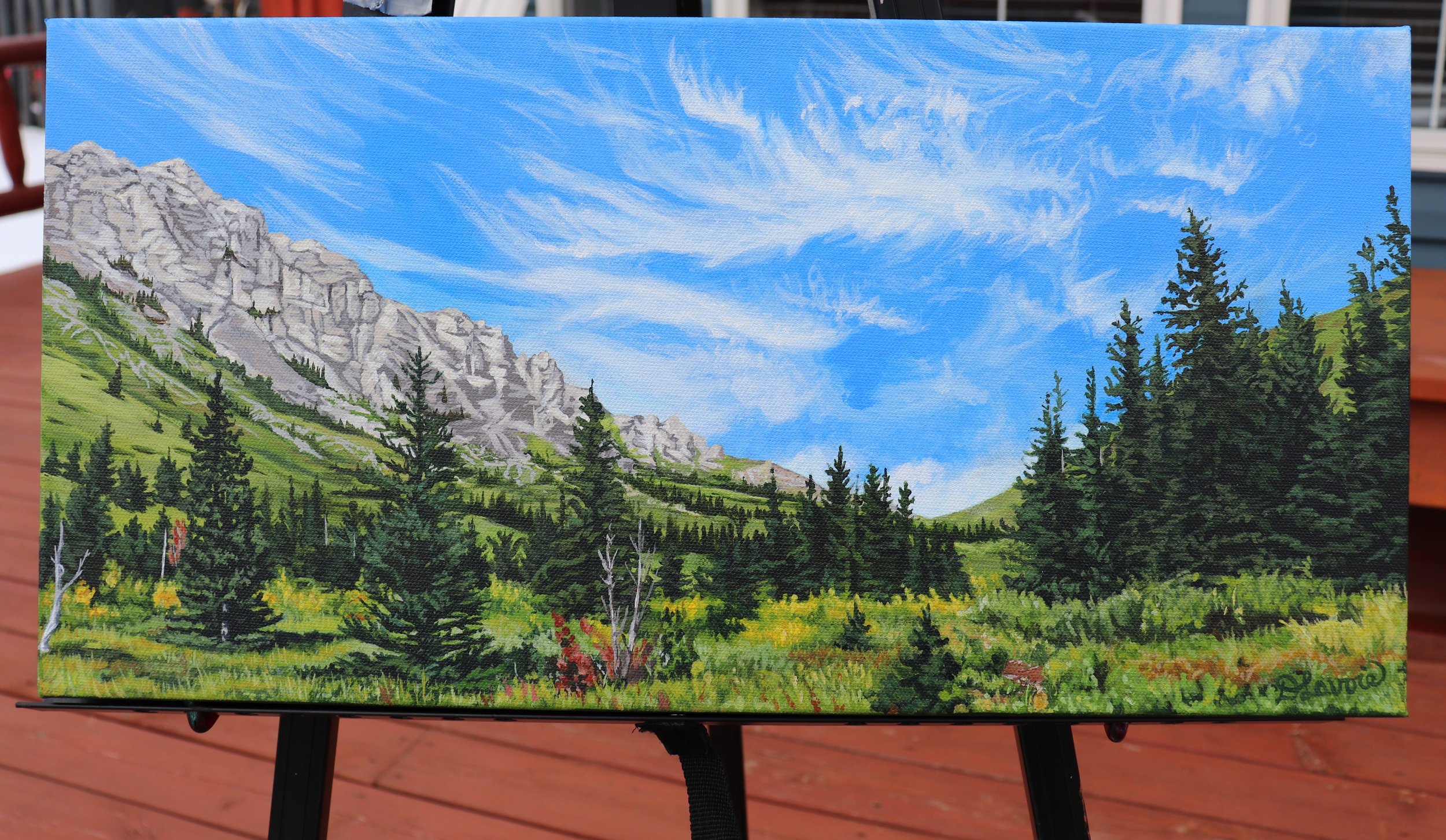 Landscape Painting of Wispy Skies Above Misty Mountain in Kananaskis Rocky Mountains Alberta