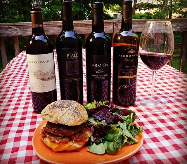 Grilling with Zinfandel tonight! I kept it simplre: a burger topped with smoked cheddar, sweet and spicy onion jam on homemade sourdough buns with mixed greens and beets on the side topped with raspberry vinaigrette and cotija cheese. Bun recipe via 
