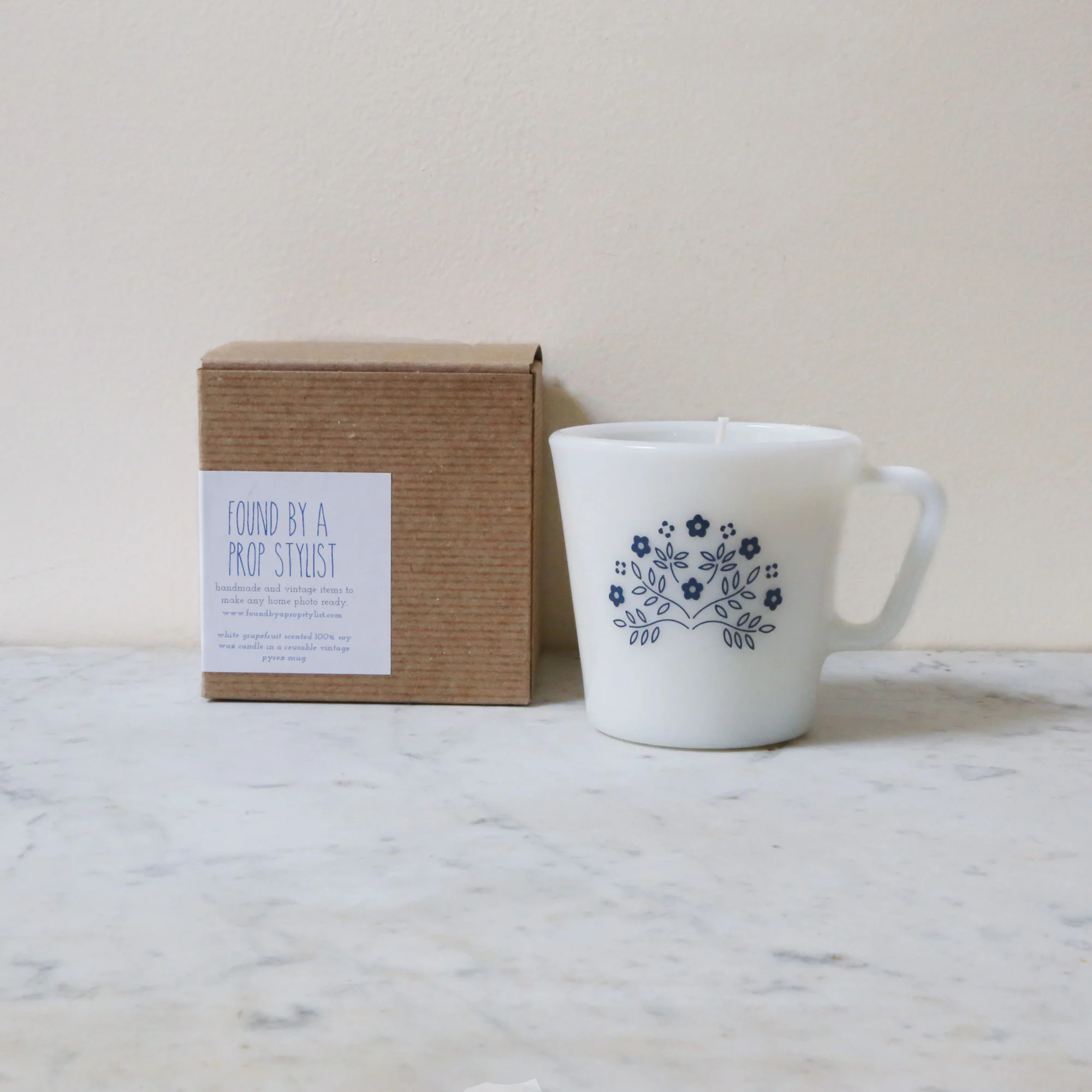 hand poured soy candle vintage milk glass pyrex mug grapefruit candle made in Brooklyn // found by a prop stylist // courtney dawley