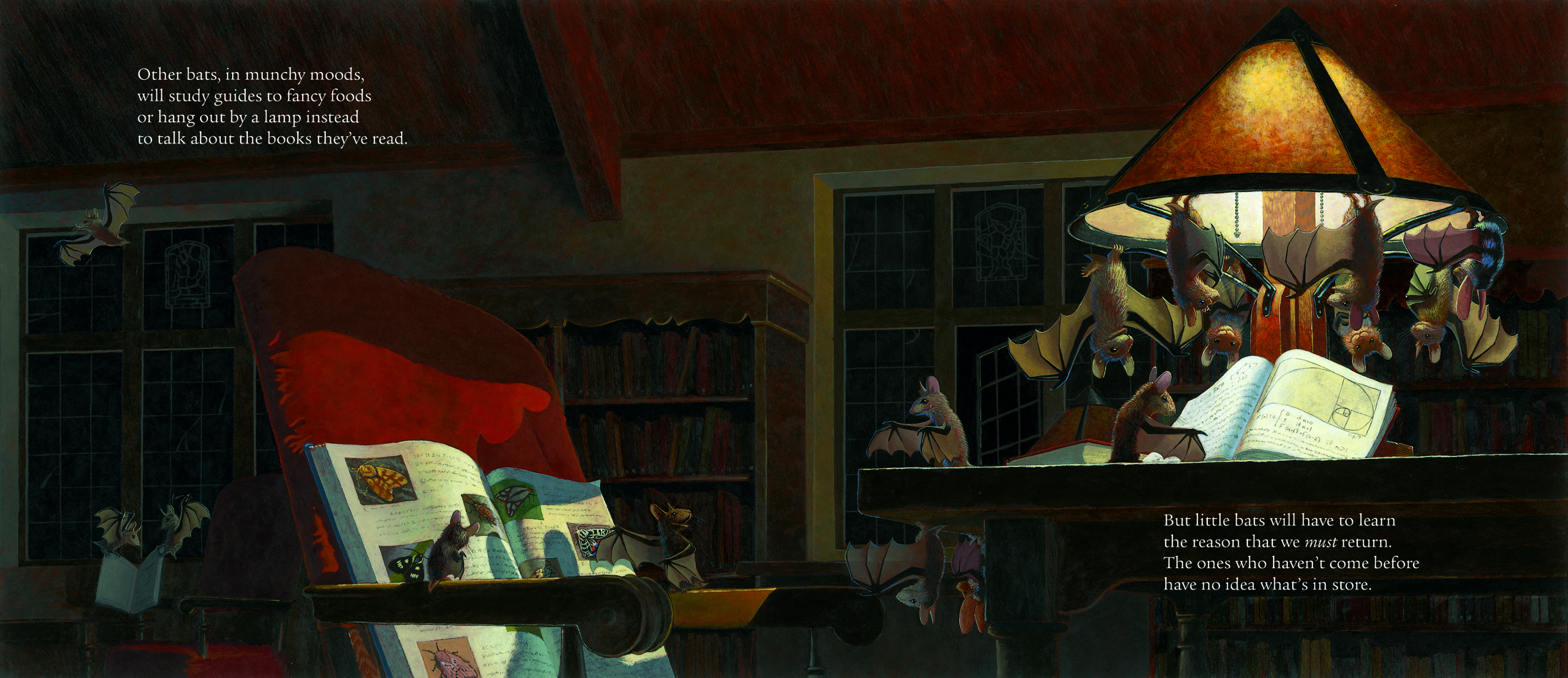 ". . . or hang out by a lamp instead, to talk about the books we've read" from BATS AT THE LIBRARY